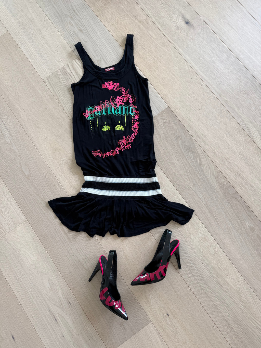 Galliano Black Graffiti Mini Dress