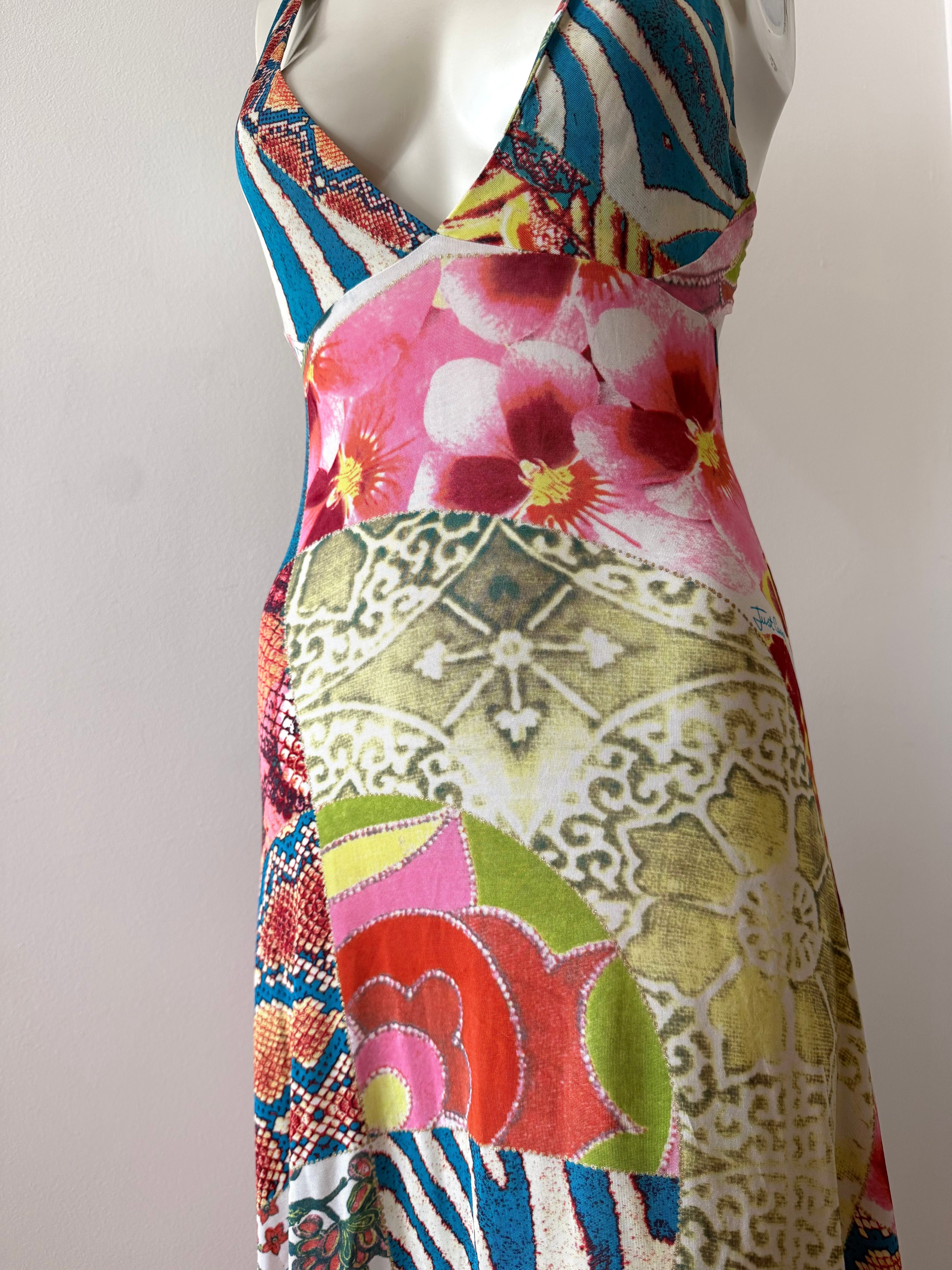 Roberto Cavalli Multicolour Silk Backless Midi Dress
