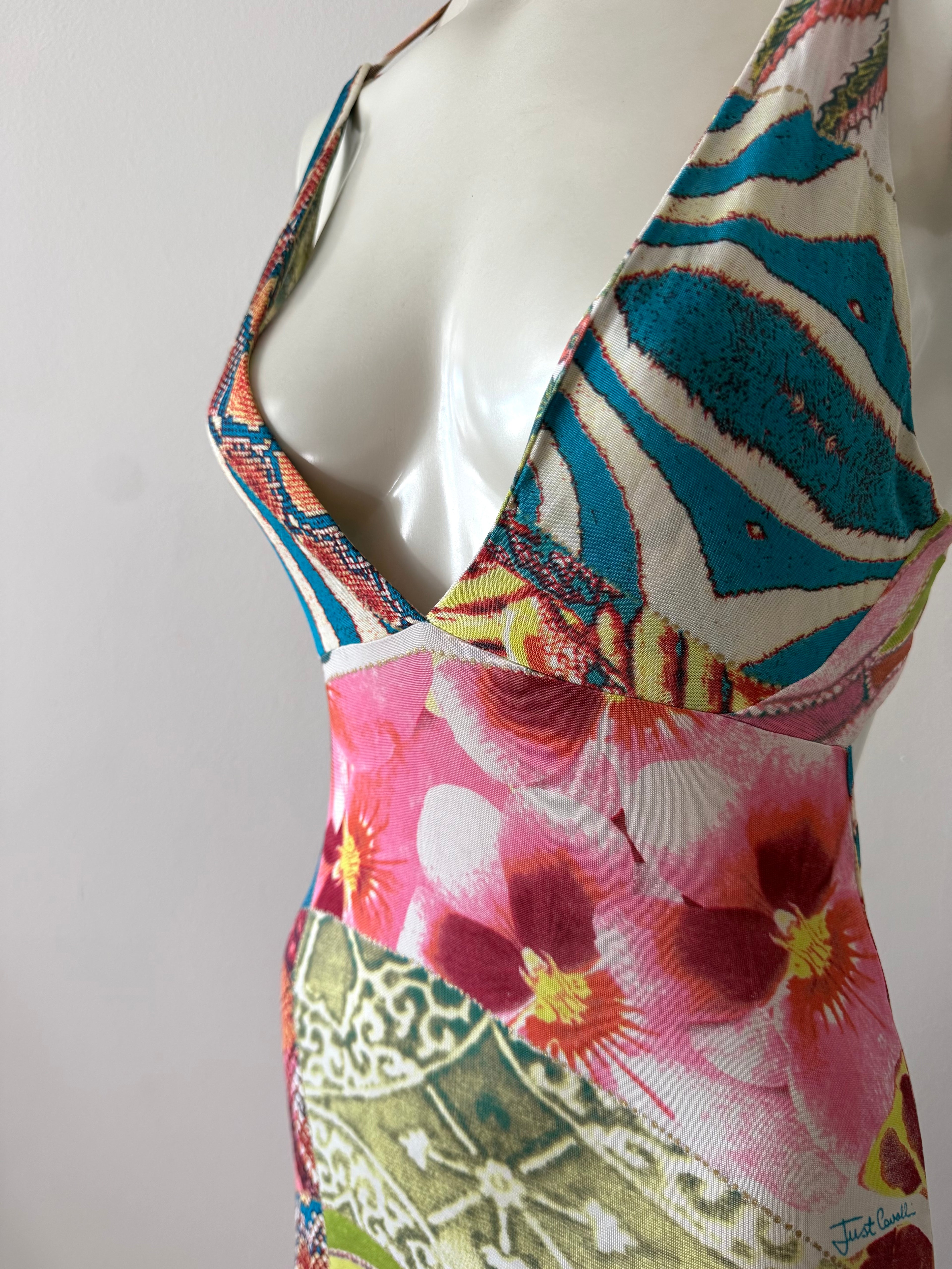 Roberto Cavalli Multicolour Silk Backless Midi Dress