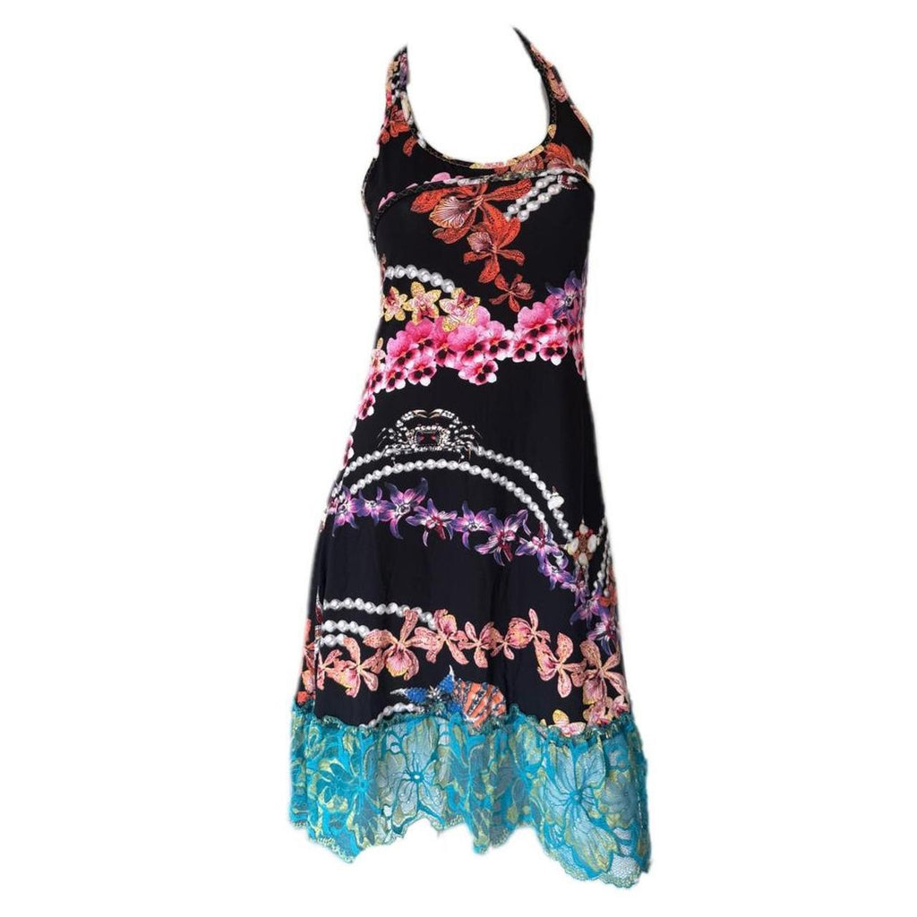 Just Cavalli Black Orchid Print Lace Trim Racerback Mini Dress