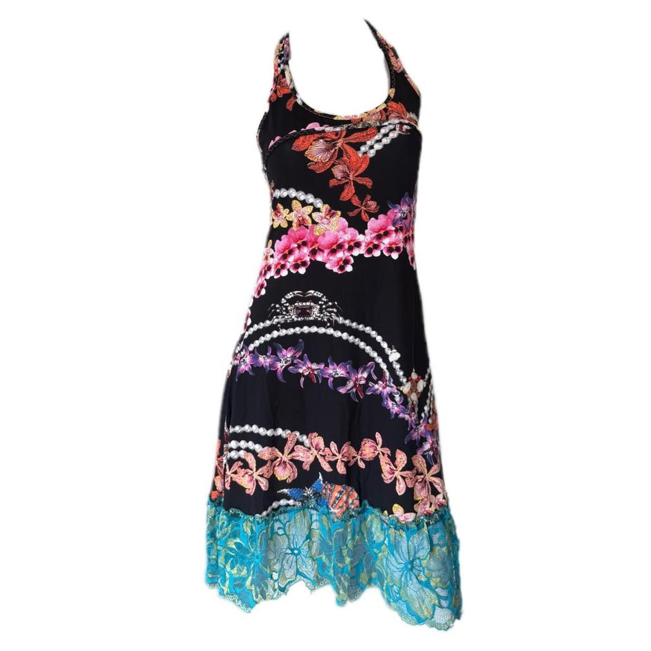 Just Cavalli Black Orchid Print Lace Trim Racerback Mini Dress