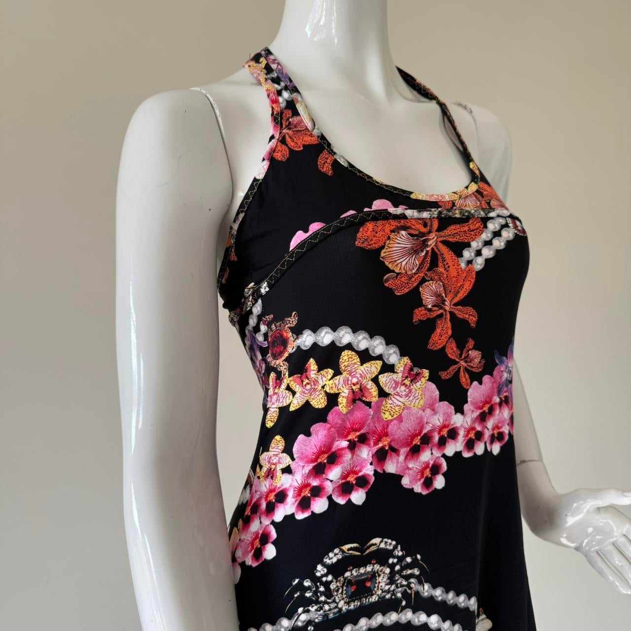 Just Cavalli Black Orchid Print Lace Trim Racerback Mini Dress