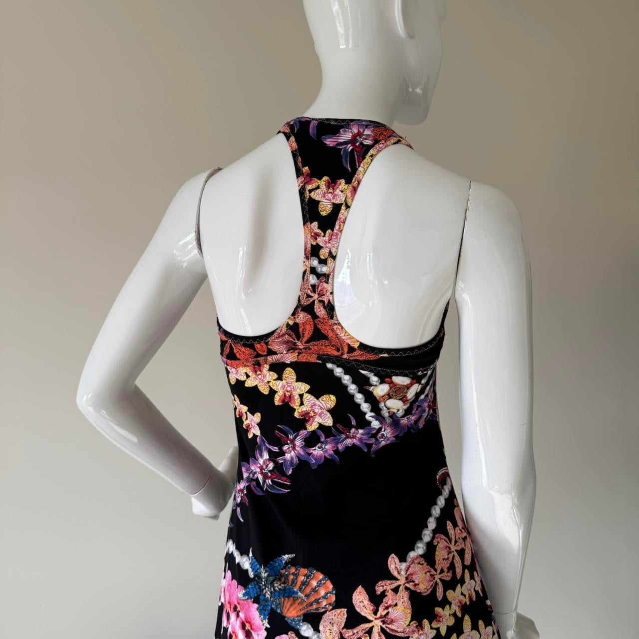 Just Cavalli Black Orchid Print Lace Trim Racerback Mini Dress