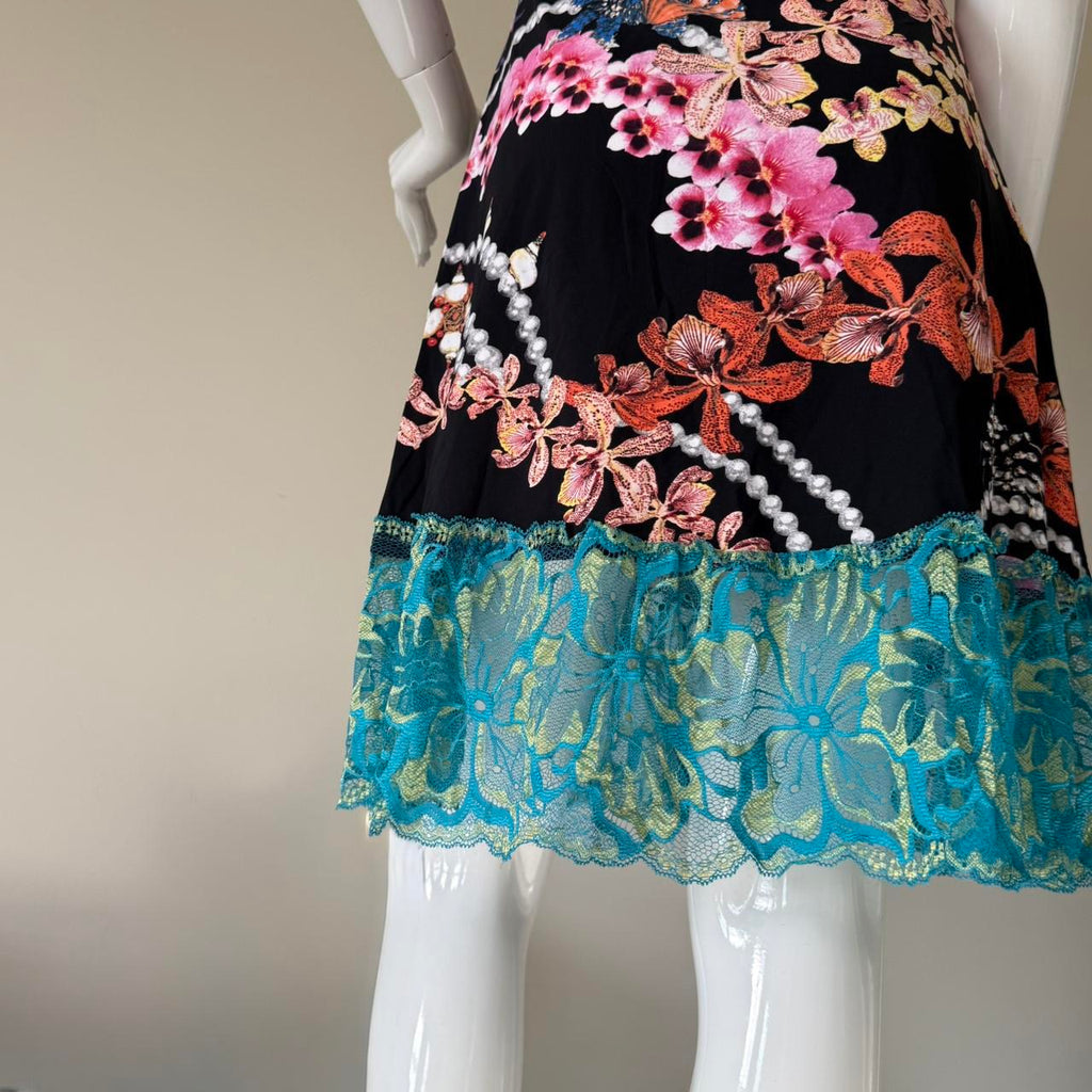 Just Cavalli Black Orchid Print Lace Trim Racerback Mini Dress