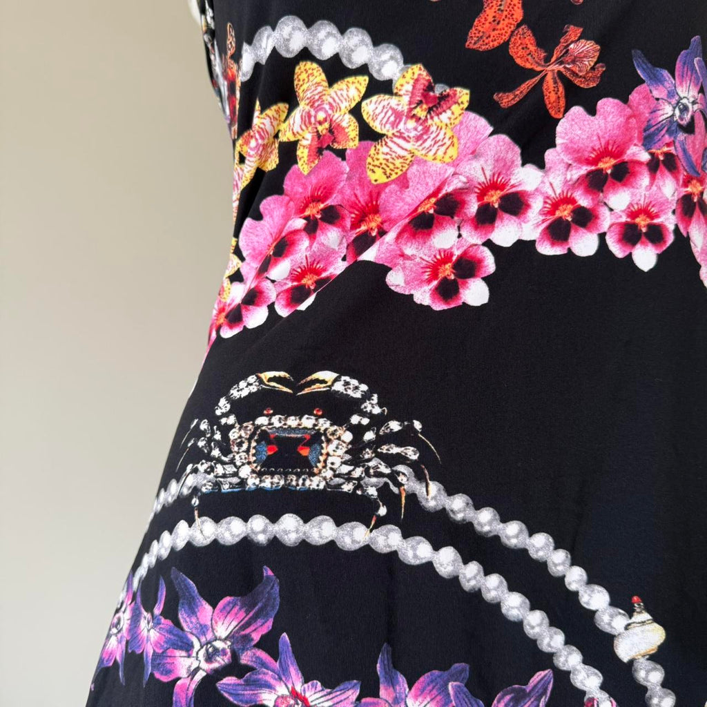 Just Cavalli Black Orchid Print Lace Trim Racerback Mini Dress