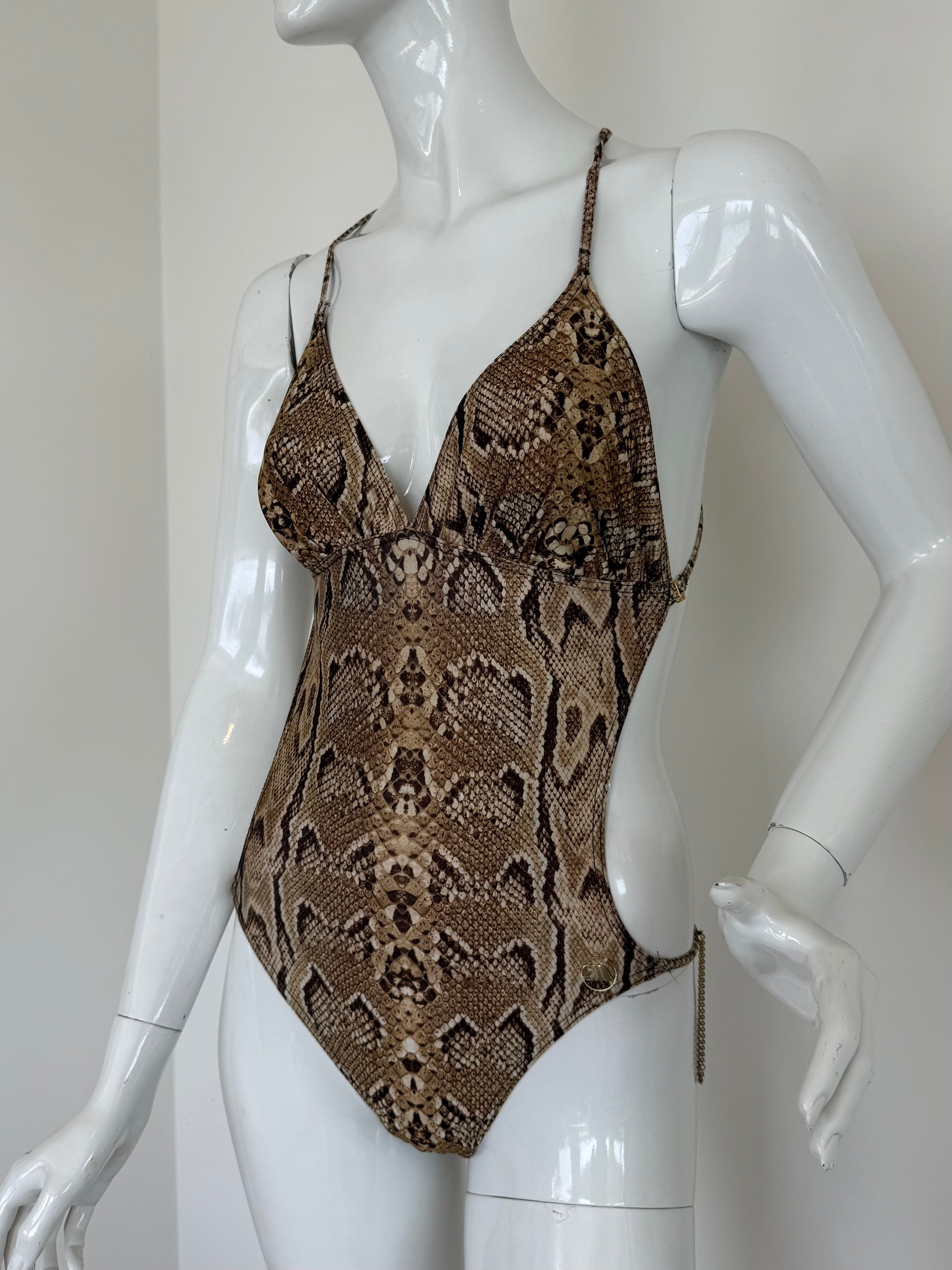 Gold Snakeskin Chain Embellished Cutout Swimsuit