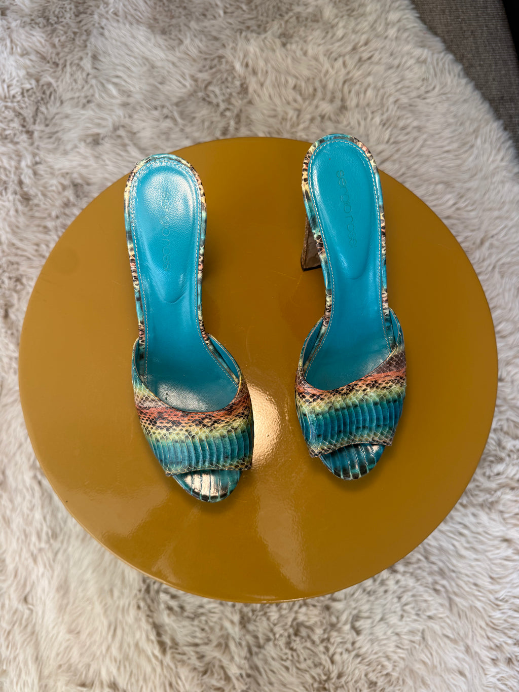 Sergio Rossi Blue Snake Embossed Leather Sandals