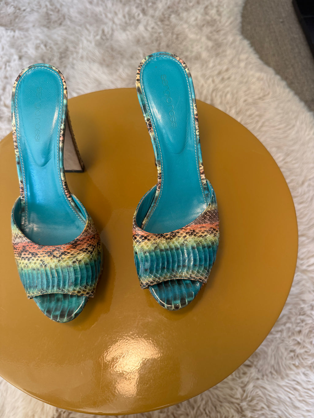 Sergio Rossi Blue Snake Embossed Leather Sandals