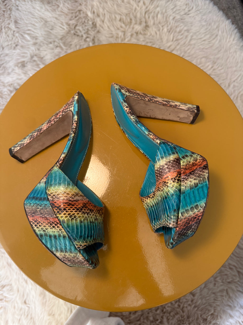 Sergio Rossi Blue Snake Embossed Leather Sandals