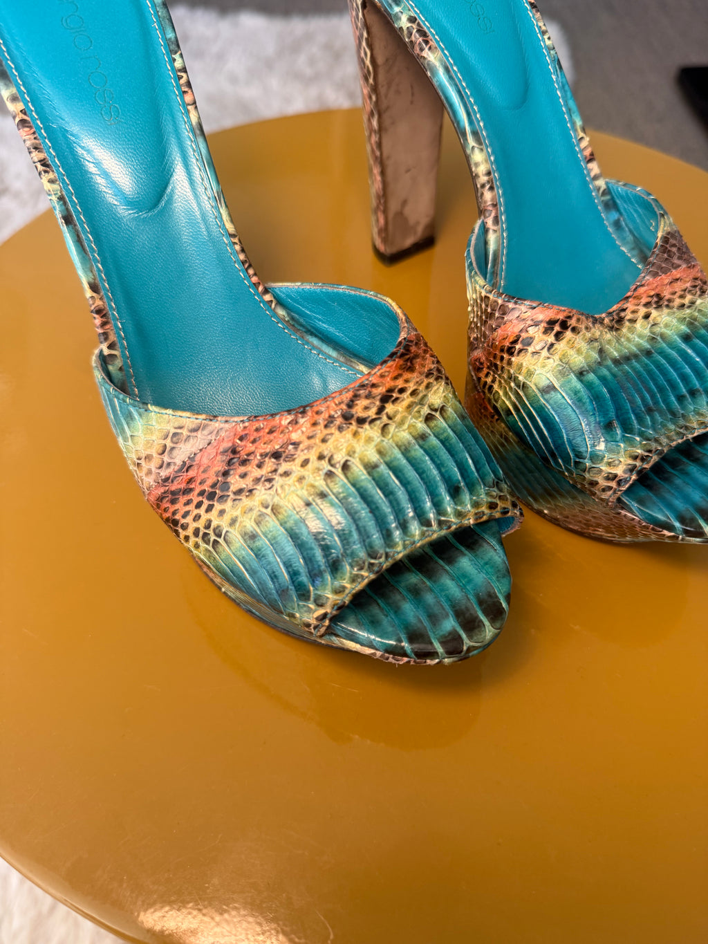 Sergio Rossi Blue Snake Embossed Leather Sandals