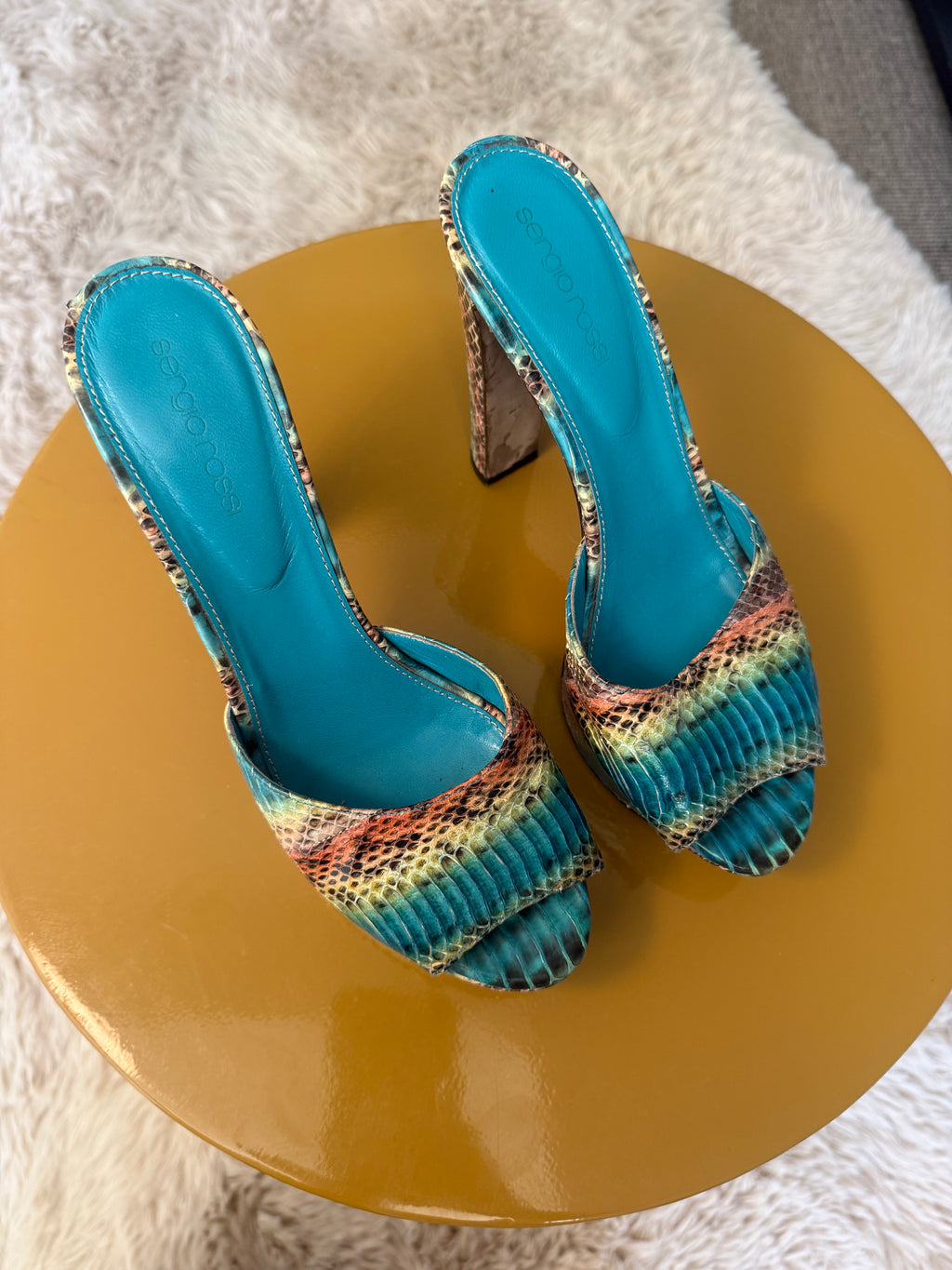 Sergio Rossi Blue Snake Embossed Leather Sandals