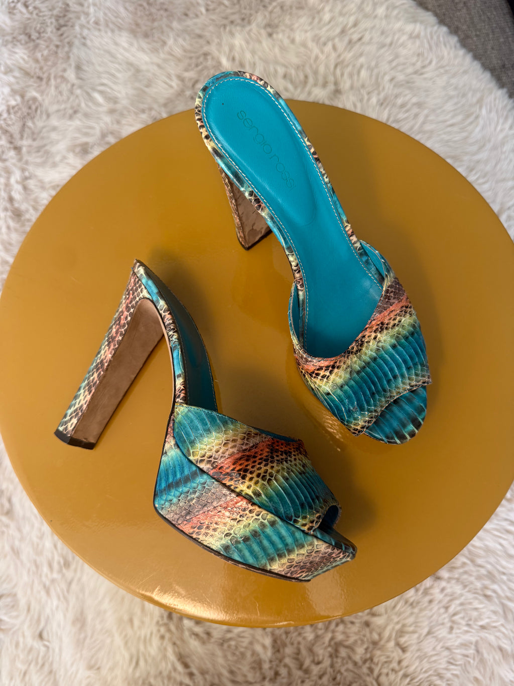 Sergio Rossi Blue Snake Embossed Leather Sandals