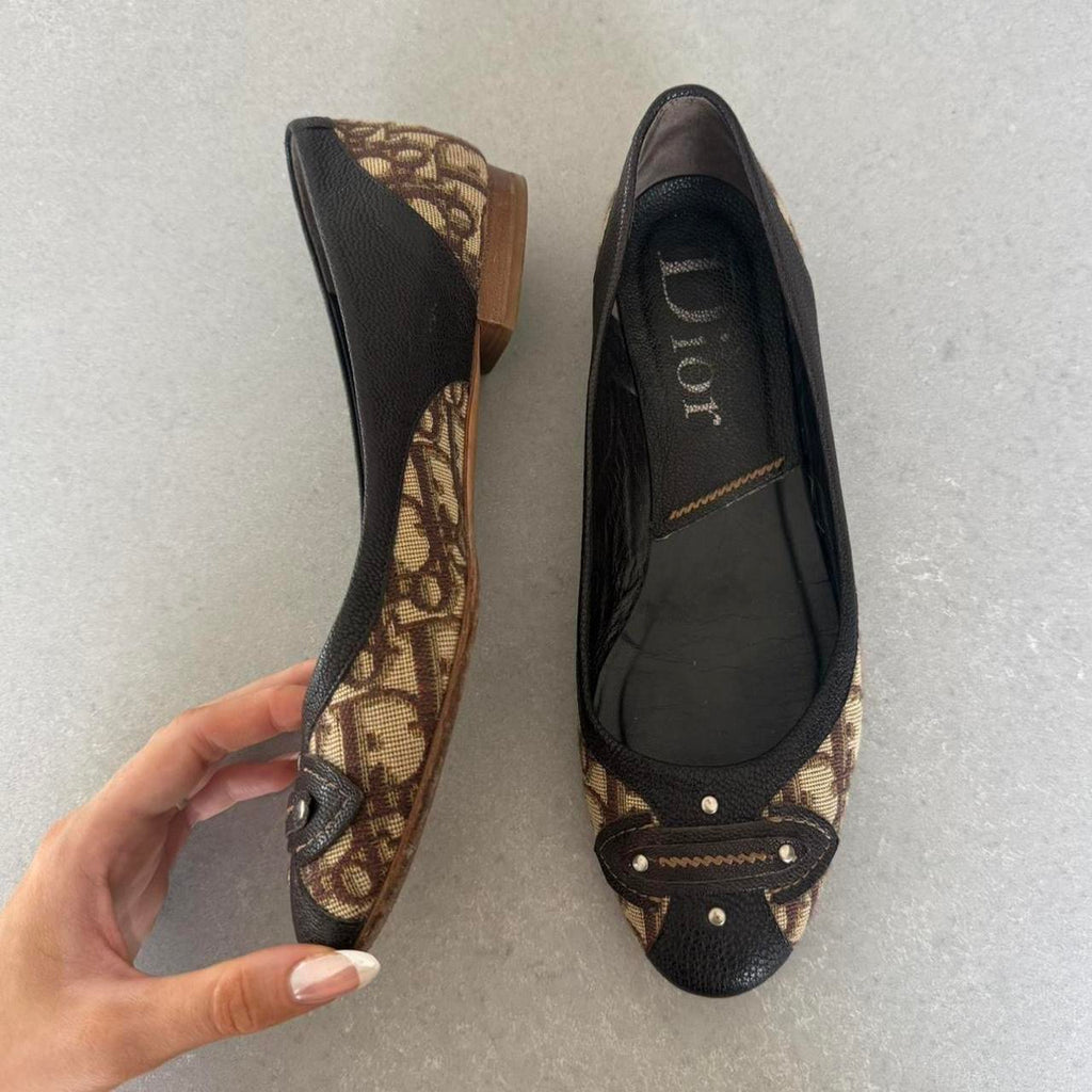 Dior Beige & Brown Monogram Ballet Flats