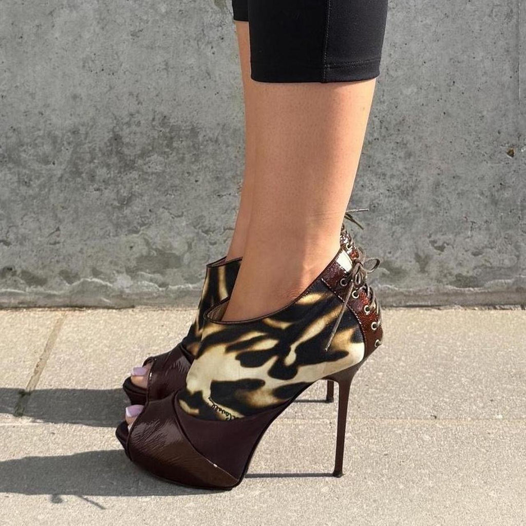 Just Cavalli Leopard Print & Burgundy Peep Toe Ankle Boots