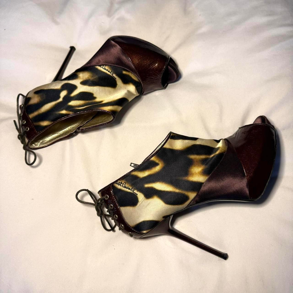 Just Cavalli Leopard Print & Burgundy Peep Toe Ankle Boots