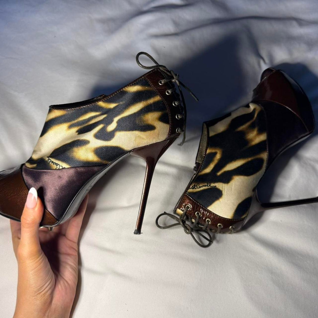 Just Cavalli Leopard Print & Burgundy Peep Toe Ankle Boots