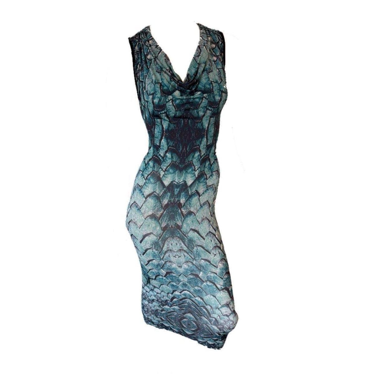 Just Cavalli Turquoise Python Print Cowl Neck Backless Midi Dress