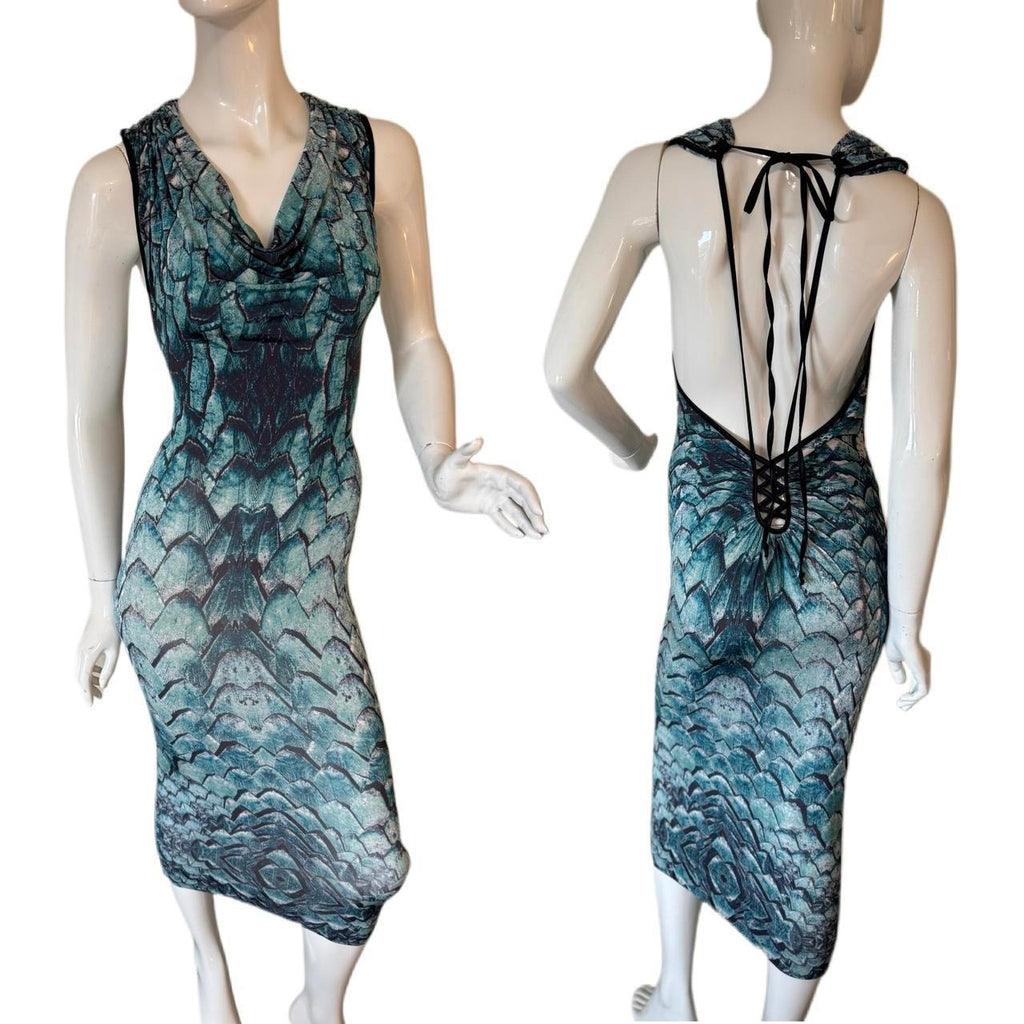 Just Cavalli Turquoise Python Print Cowl Neck Backless Midi Dress