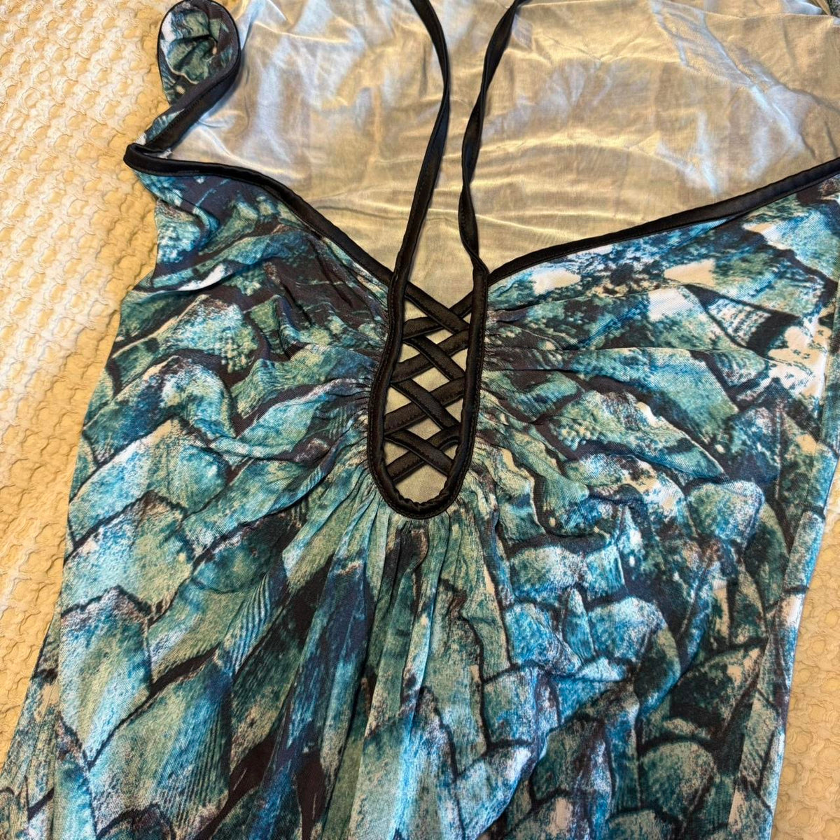 Just Cavalli Turquoise Python Print Cowl Neck Backless Midi Dress