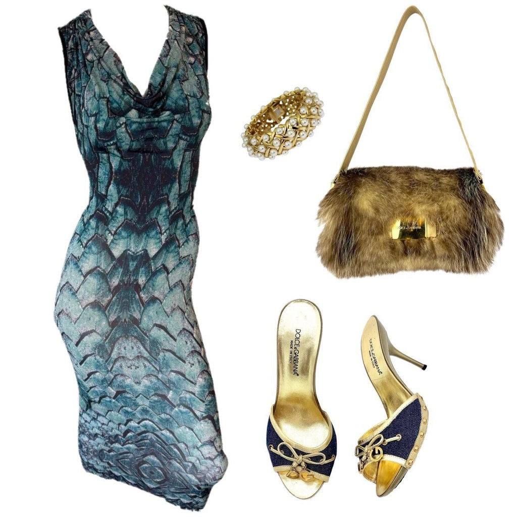 Just Cavalli Turquoise Python Print Cowl Neck Backless Midi Dress