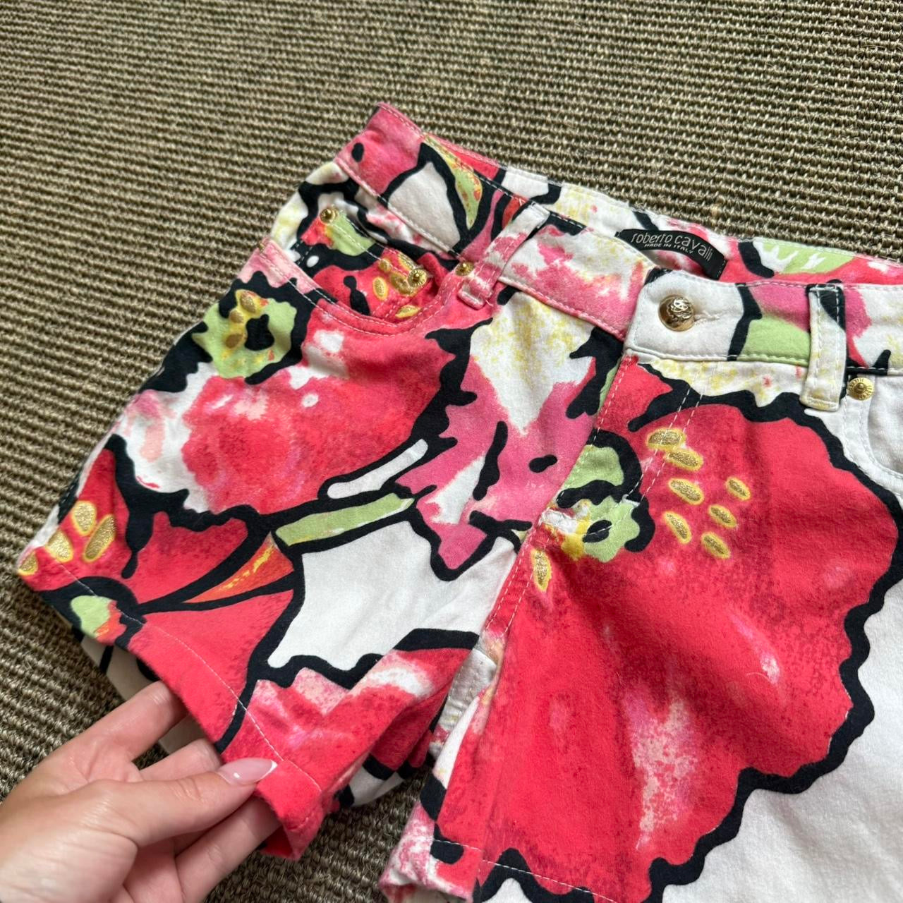 Roberto Cavalli Floral Printed Denim Mini Shorts