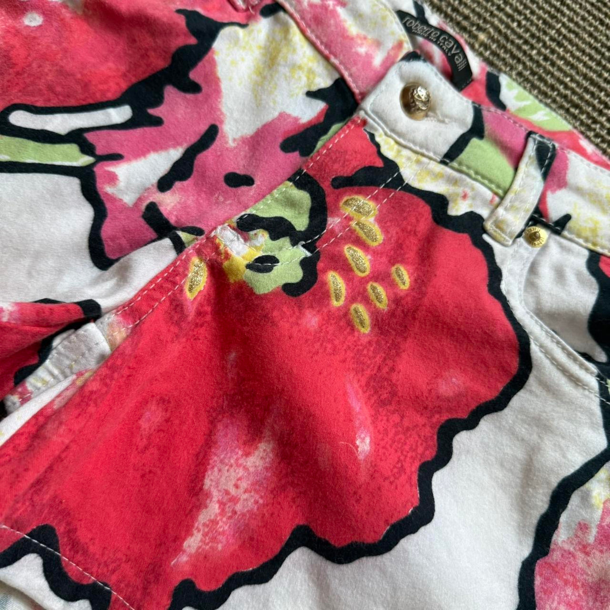 Roberto Cavalli Floral Printed Denim Mini Shorts