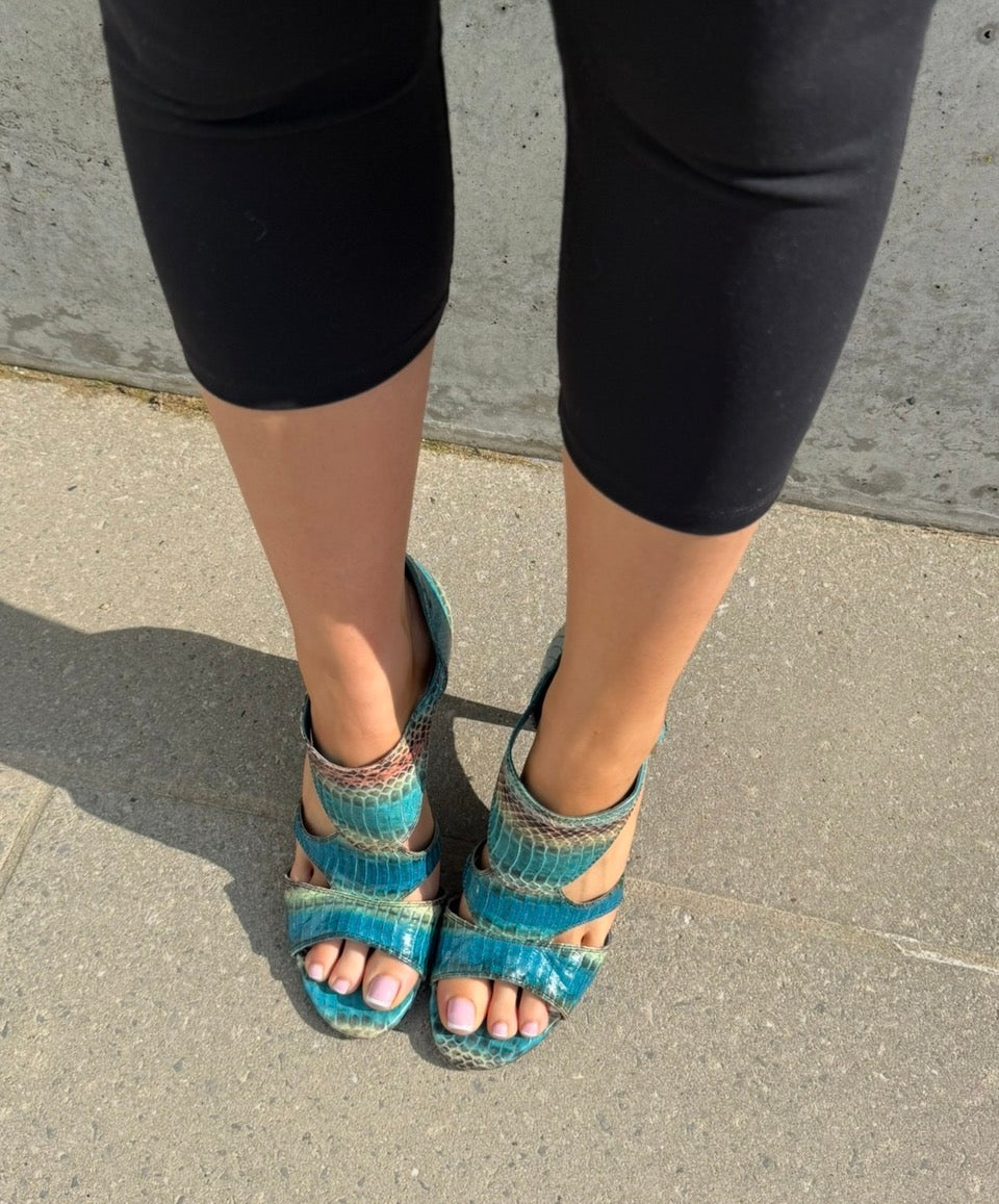 Sergio Rossi Blue Snakeskin Cage Heels