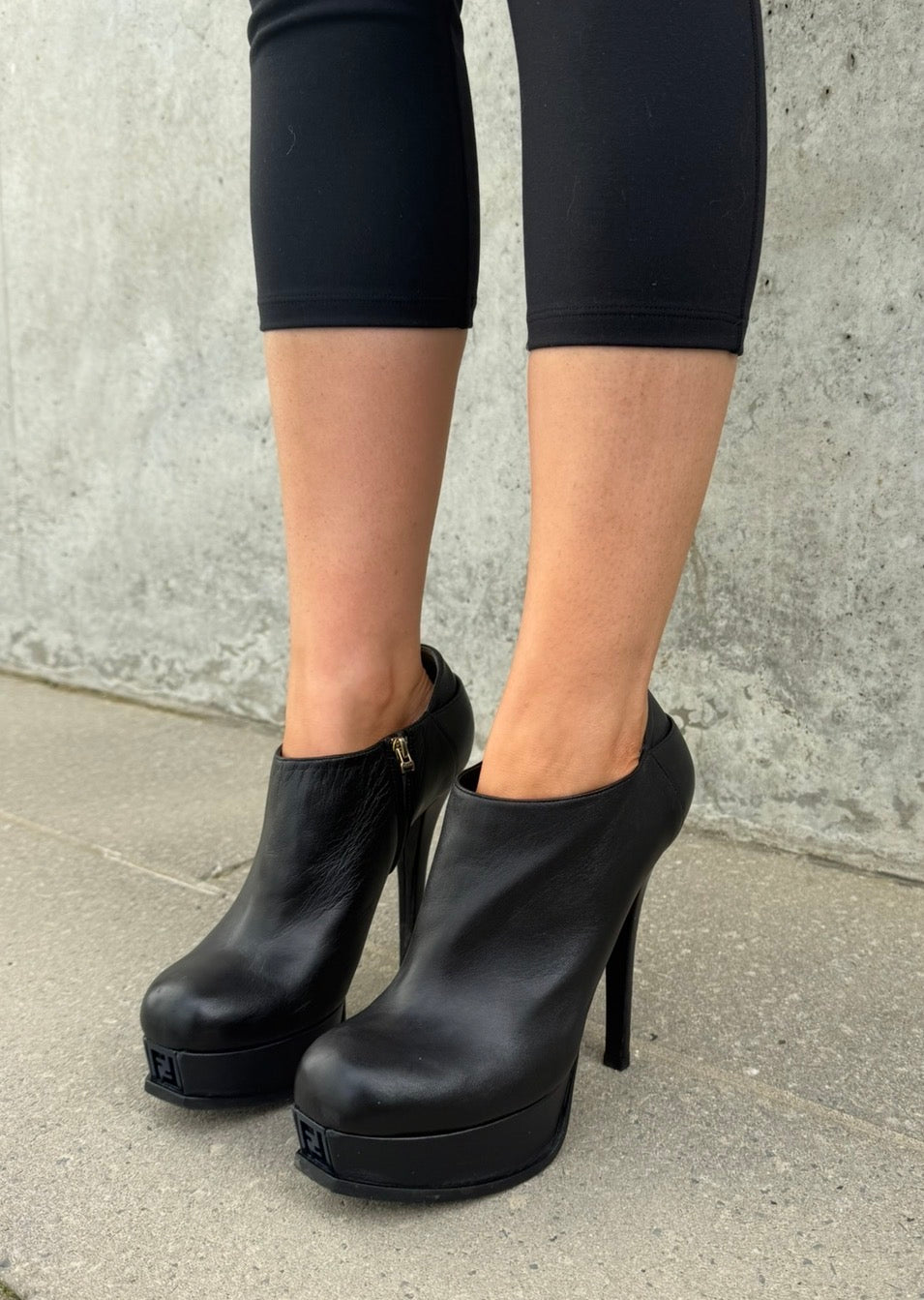 Fendi FF Black Leather Stiletto Ankle Boots