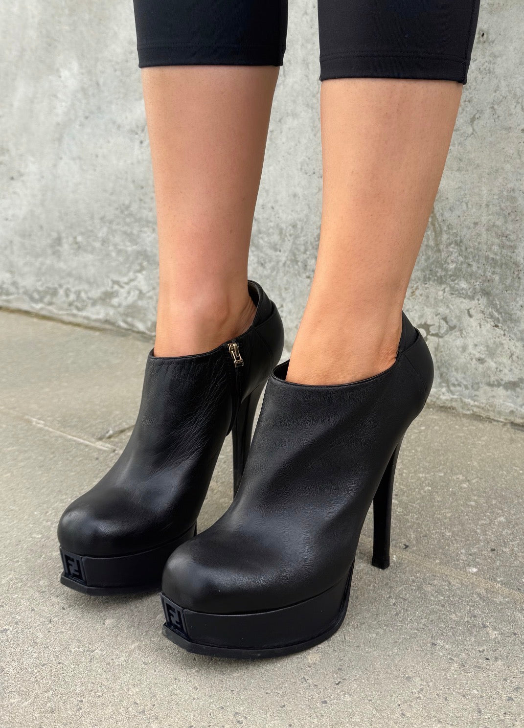 Fendi FF Black Leather Stiletto Ankle Boots
