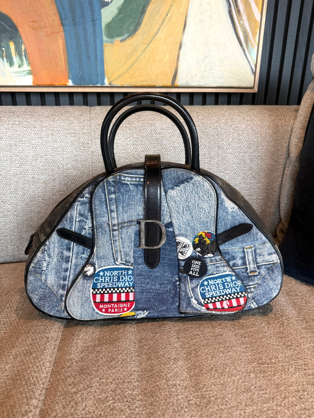 Dior Miss Diorella Large Distressed Denim Speedway Saddle Bowler Bag