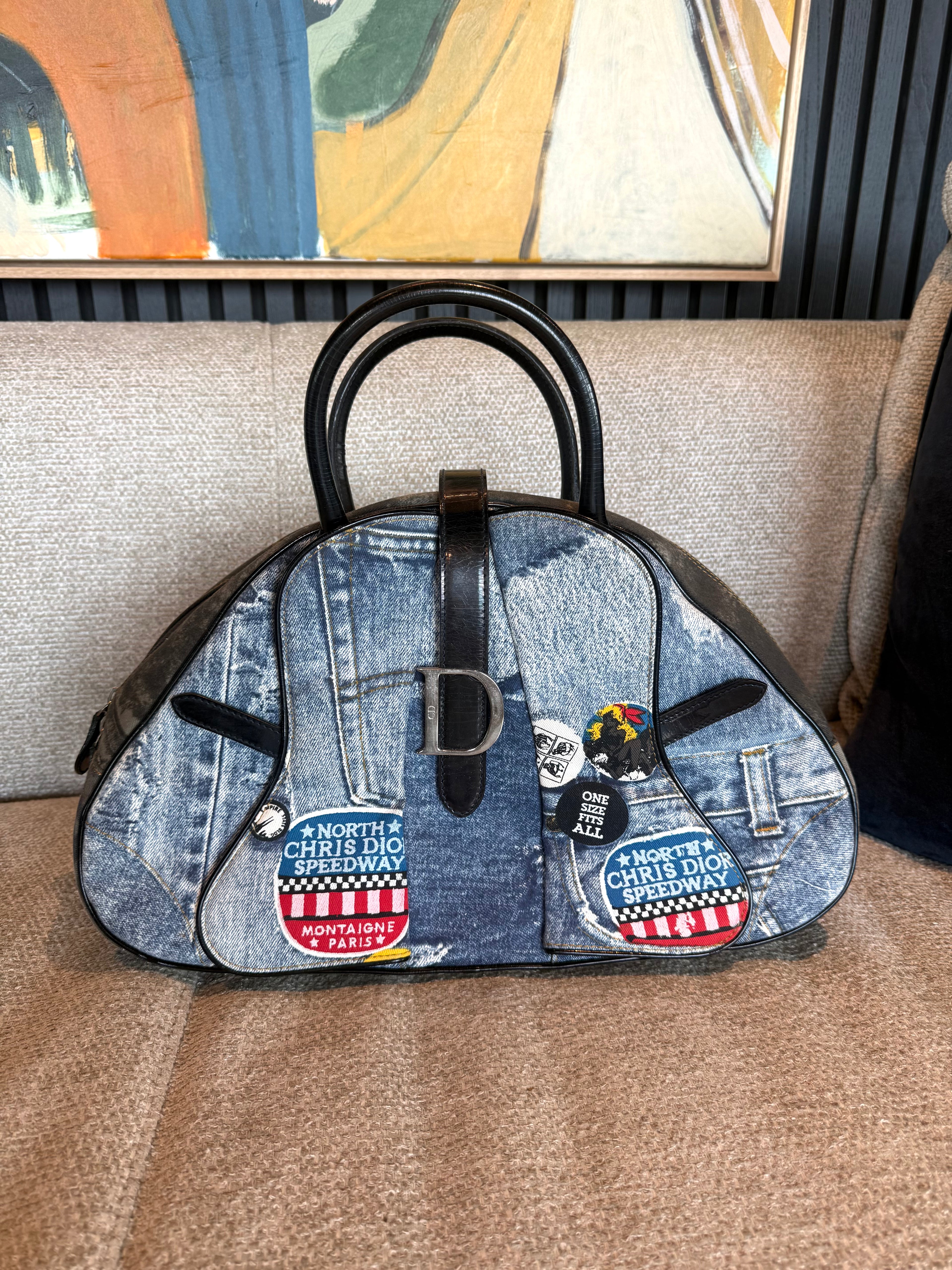 Dior Miss Diorella Large Distressed Denim Speedway Saddle Bowler Bag