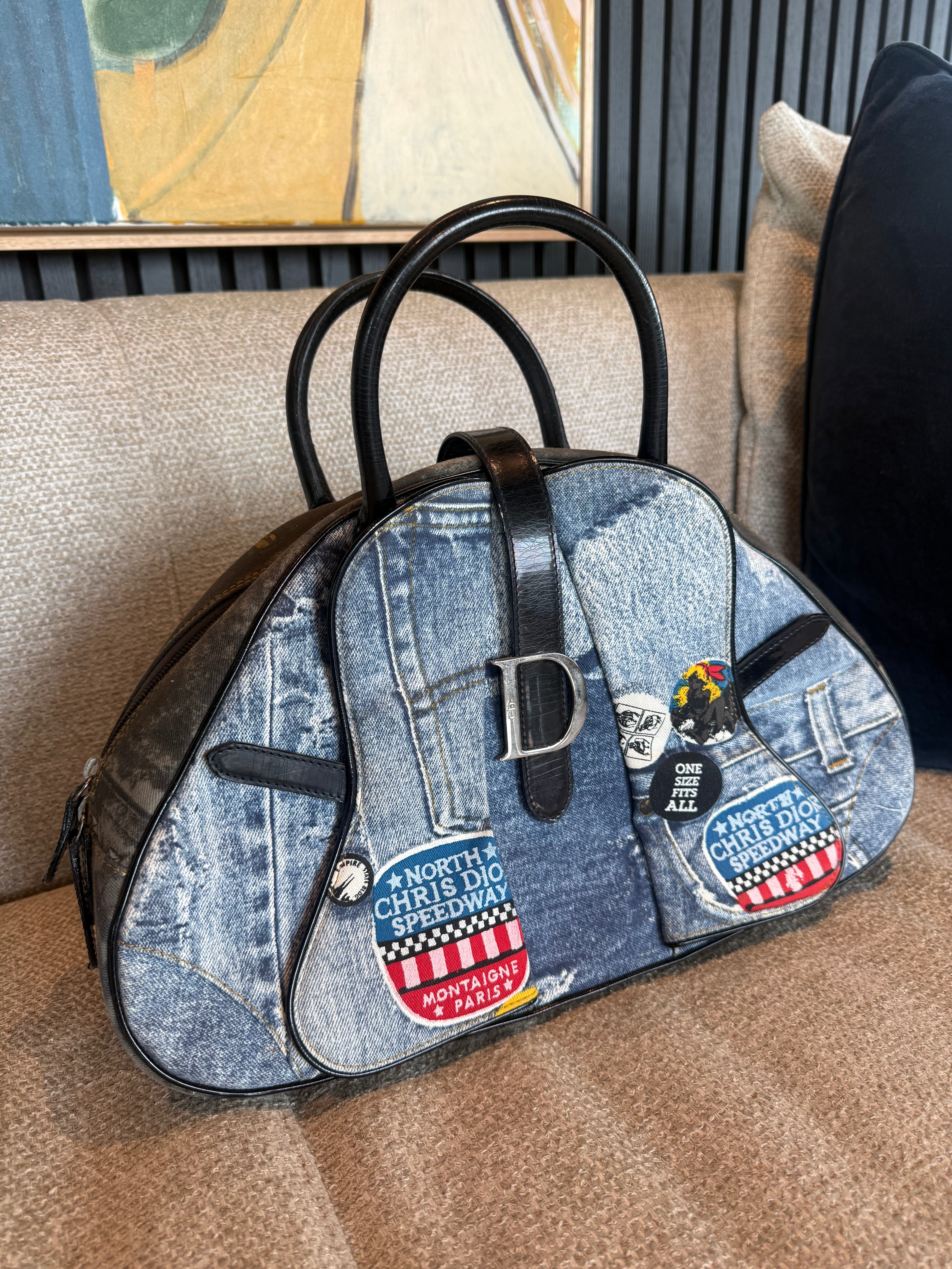 Dior Miss Diorella Large Distressed Denim Speedway Saddle Bowler Bag