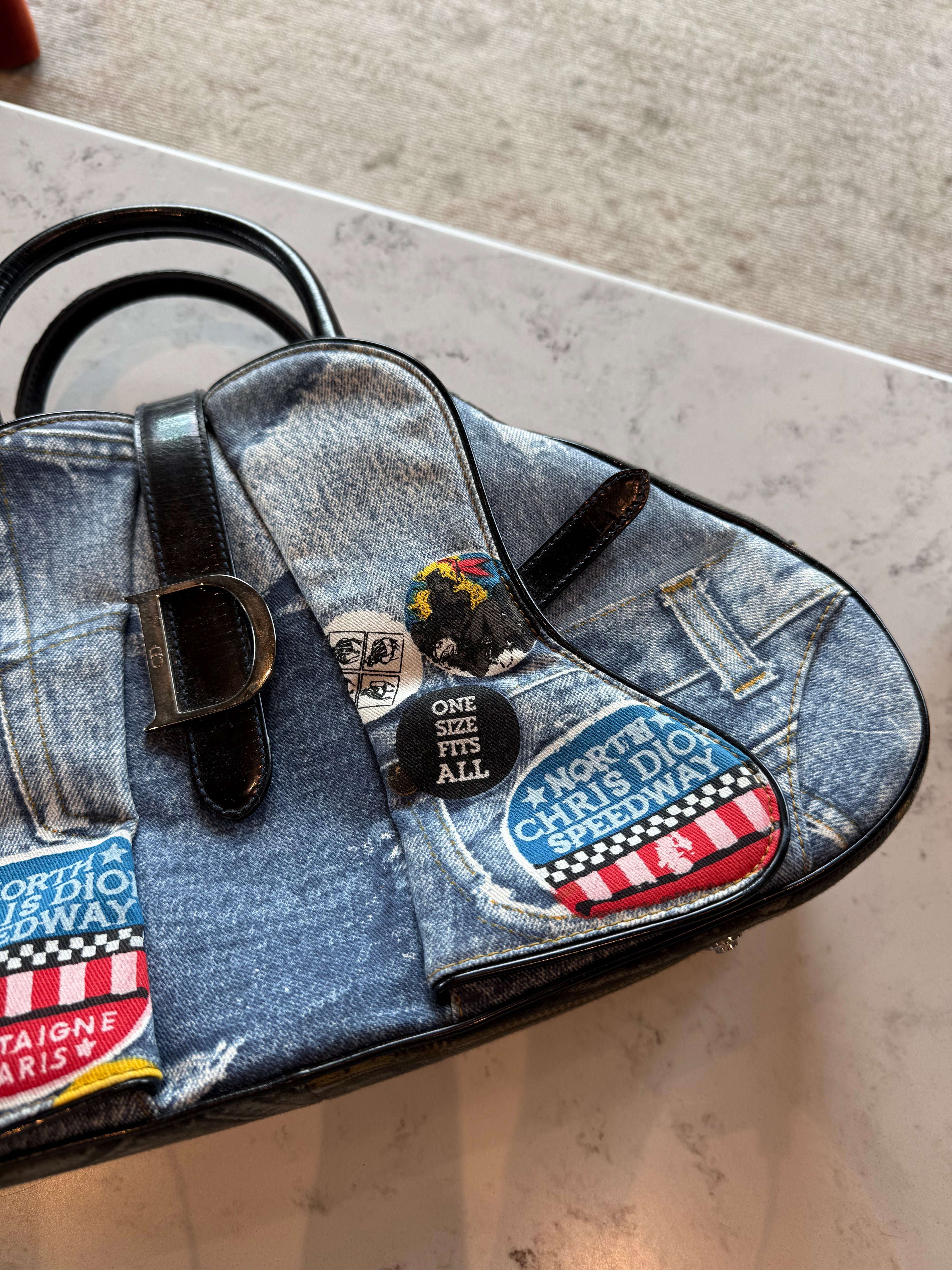 Dior Miss Diorella Large Distressed Denim Speedway Saddle Bowler Bag