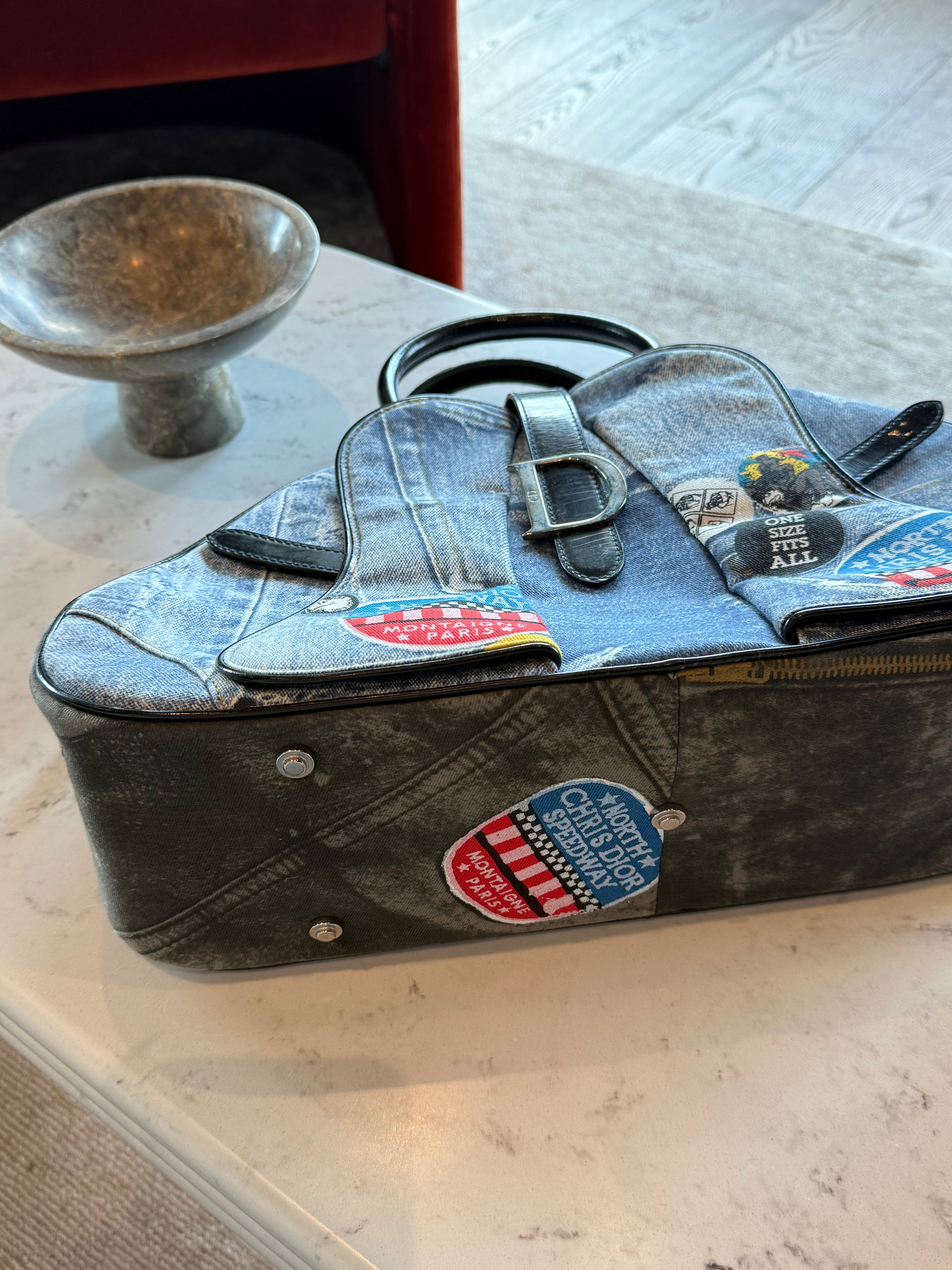 Dior Miss Diorella Large Distressed Denim Speedway Saddle Bowler Bag