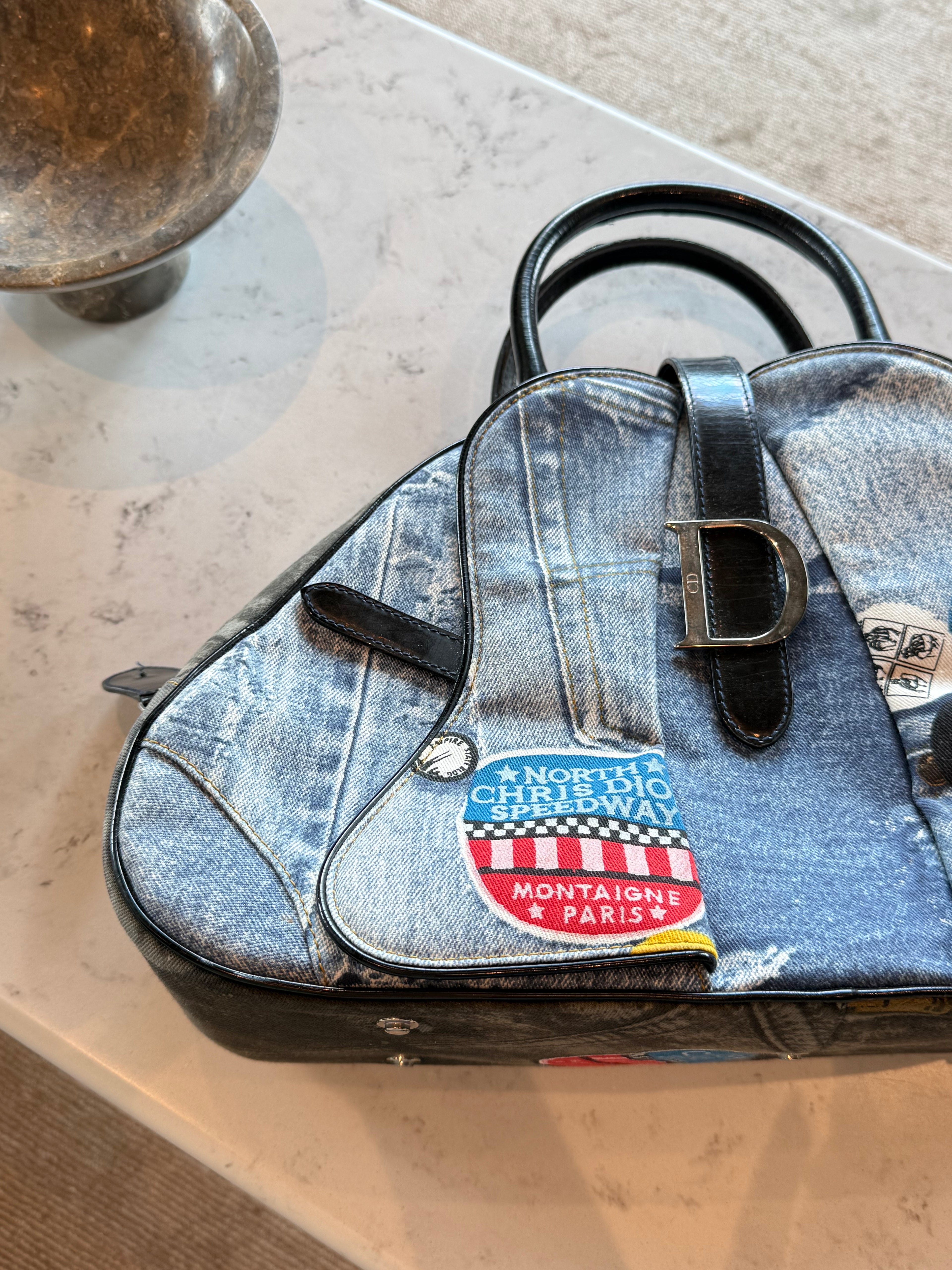Dior Miss Diorella Large Distressed Denim Speedway Saddle Bowler Bag