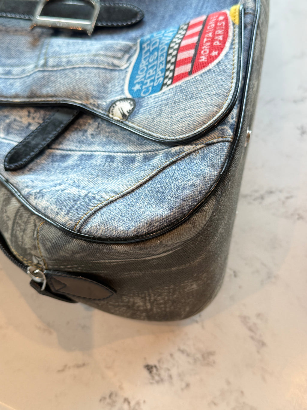 Dior Miss Diorella Large Distressed Denim Speedway Saddle Bowler Bag