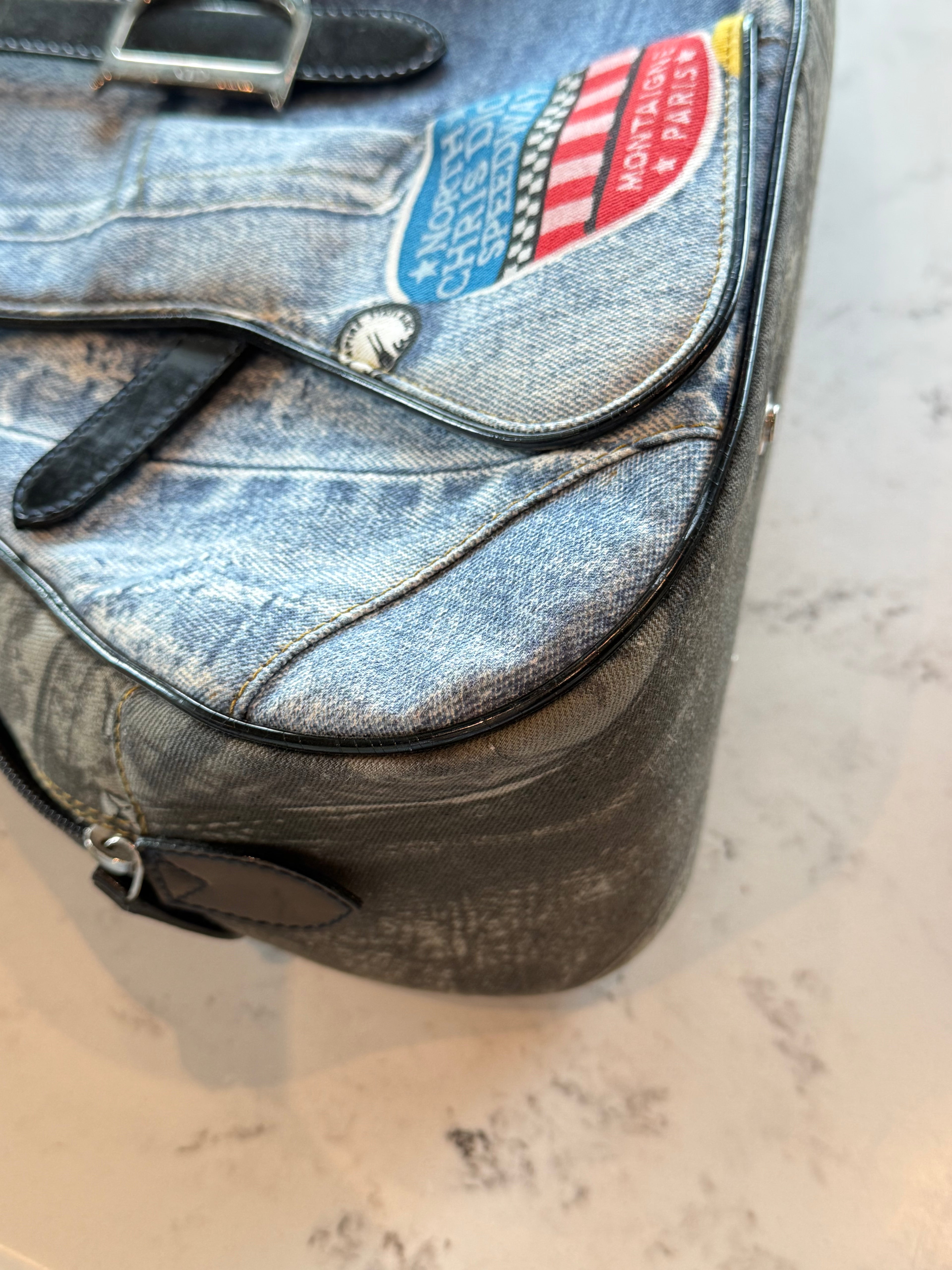Dior Miss Diorella Large Distressed Denim Speedway Saddle Bowler Bag
