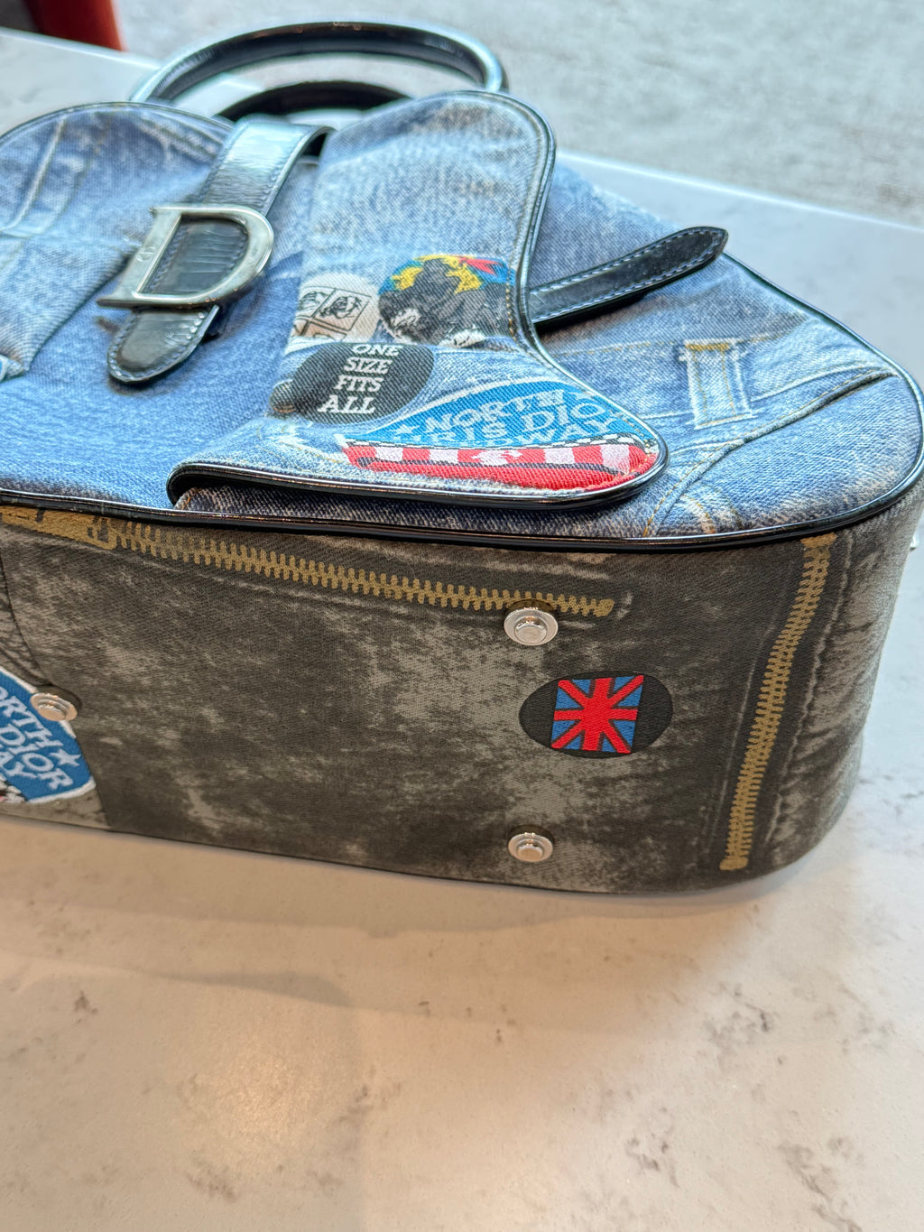 Dior Miss Diorella Large Distressed Denim Speedway Saddle Bowler Bag
