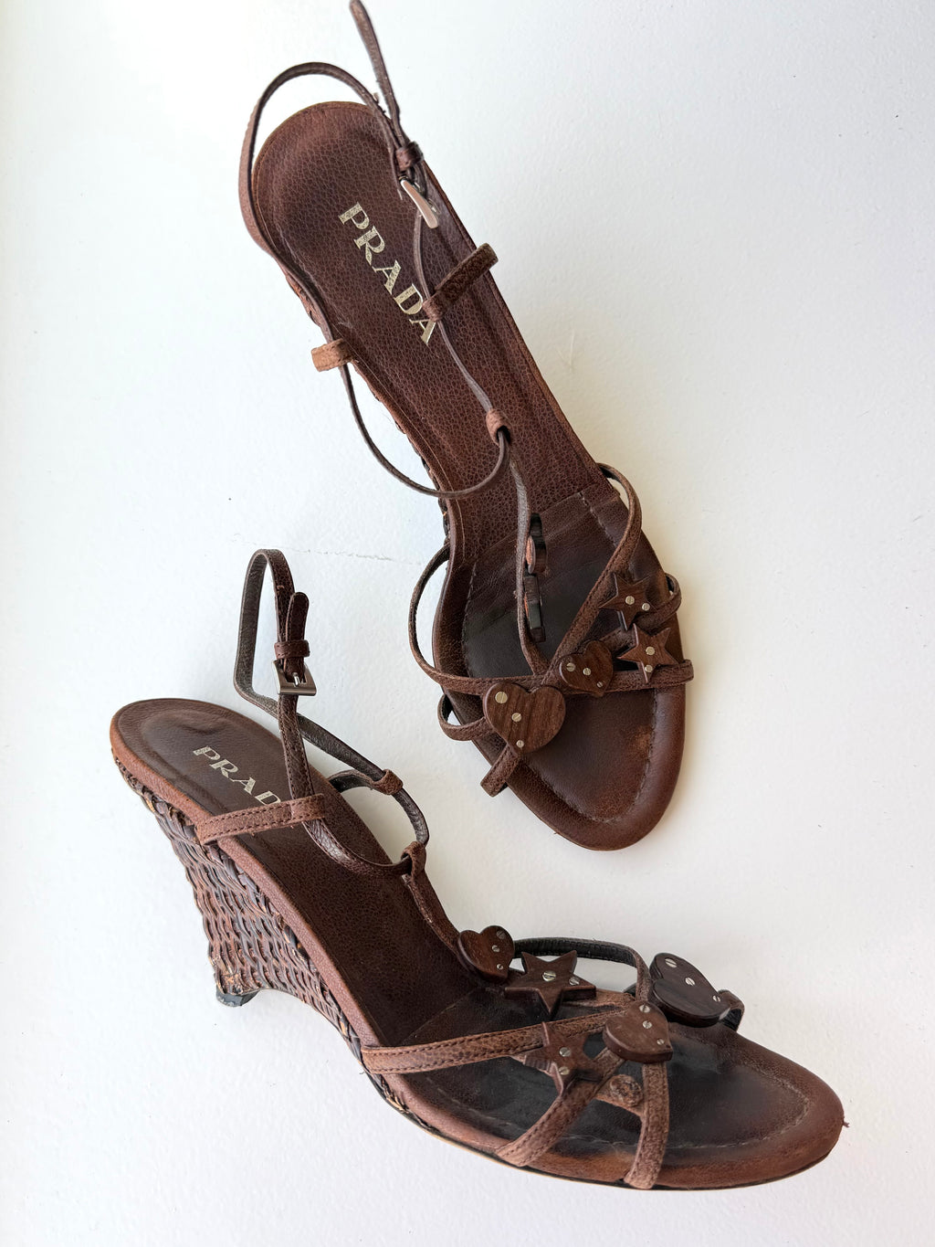 Prada Brown Raffia Wedge Sandals