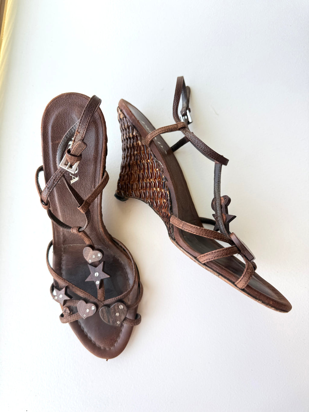 Prada Brown Raffia Wedge Sandals