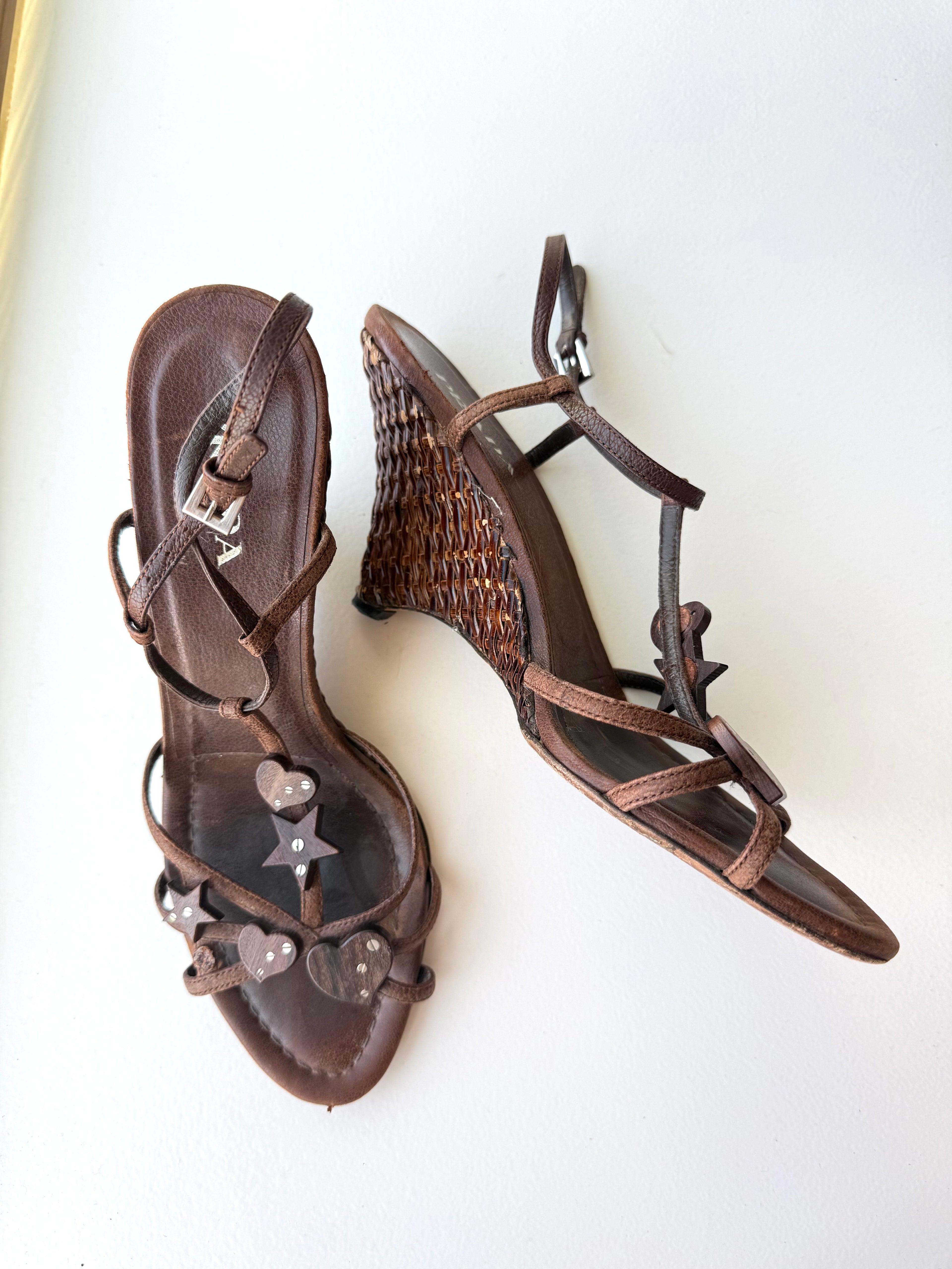 Prada Brown Raffia Wedge Sandals