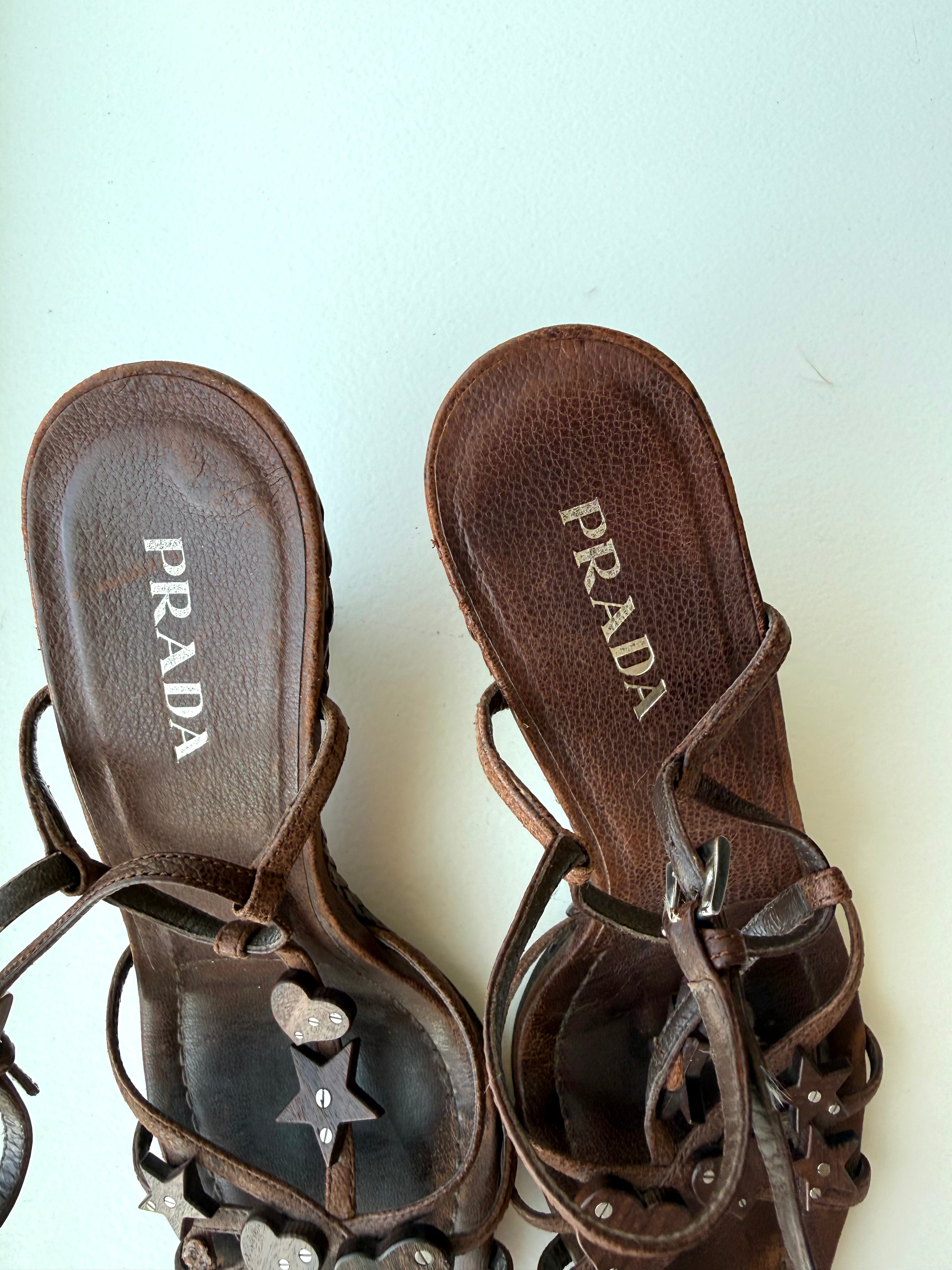 Prada Brown Raffia Wedge Sandals