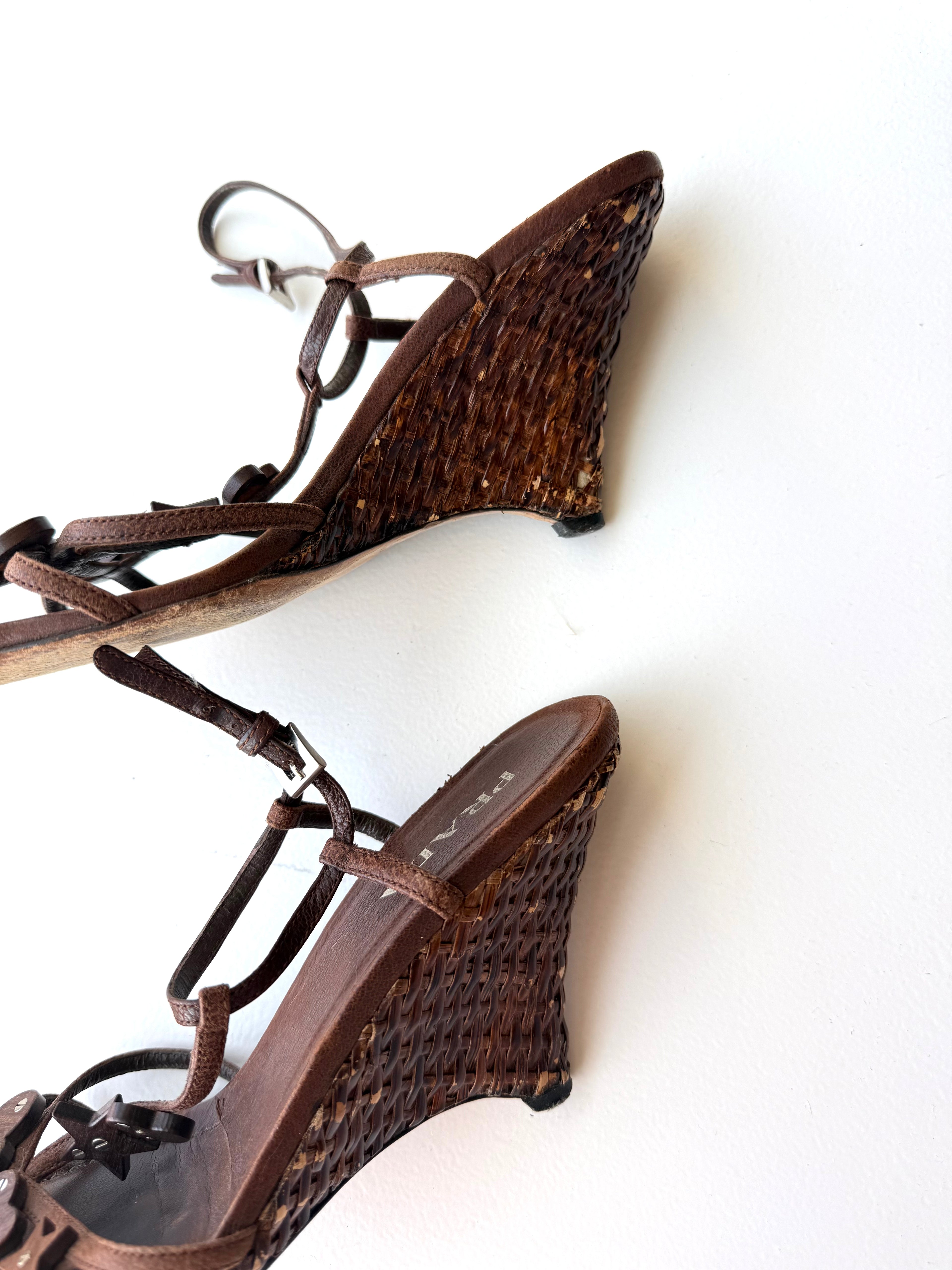 Prada Brown Raffia Wedge Sandals