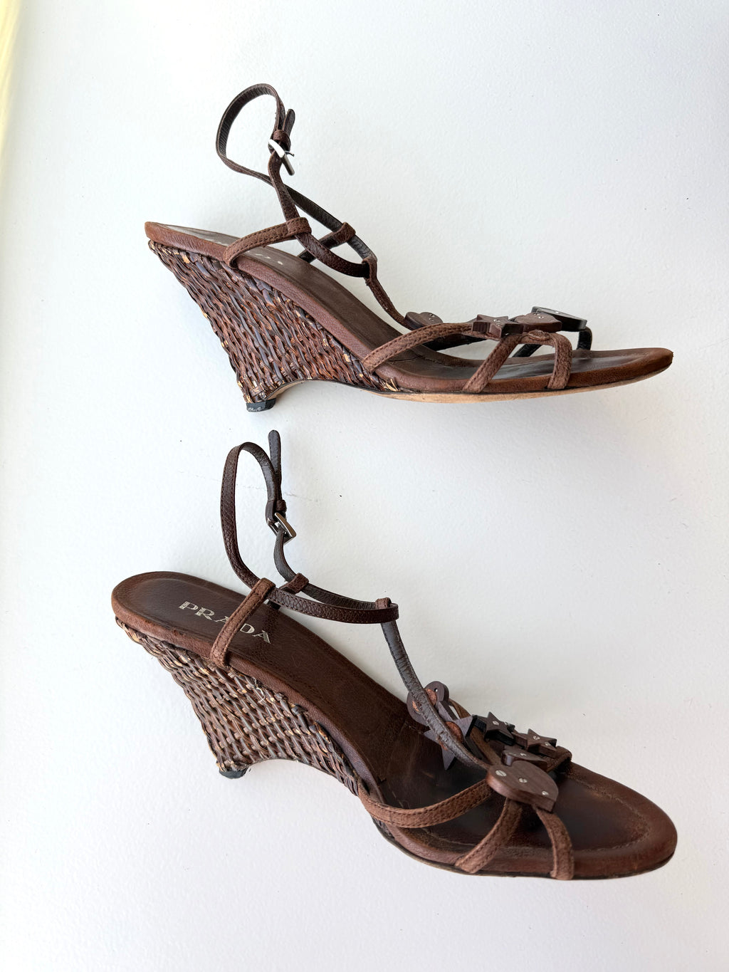 Prada Brown Raffia Wedge Sandals