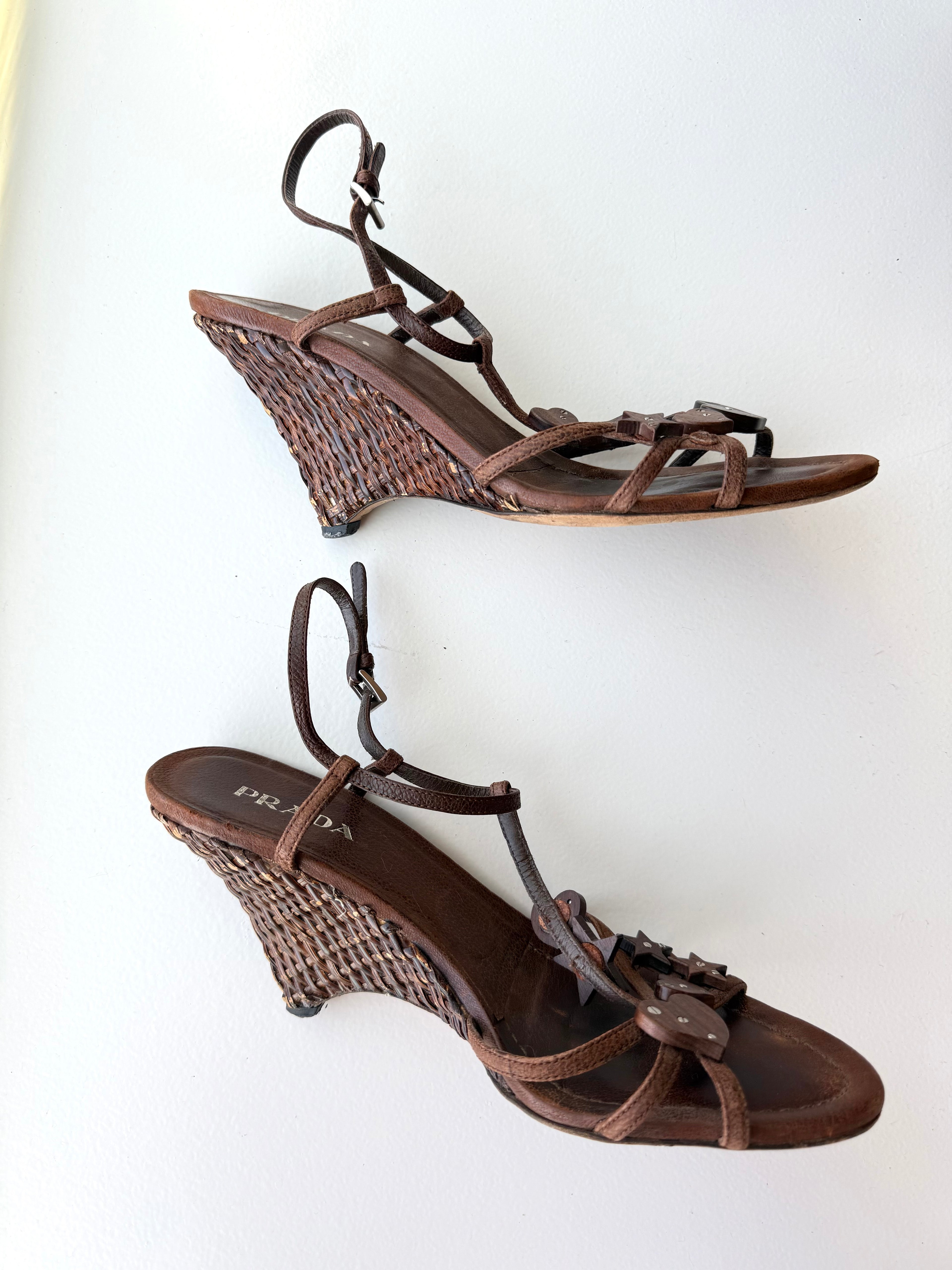 Prada Brown Raffia Wedge Sandals