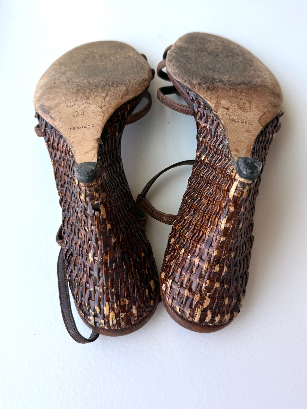 Prada Brown Raffia Wedge Sandals