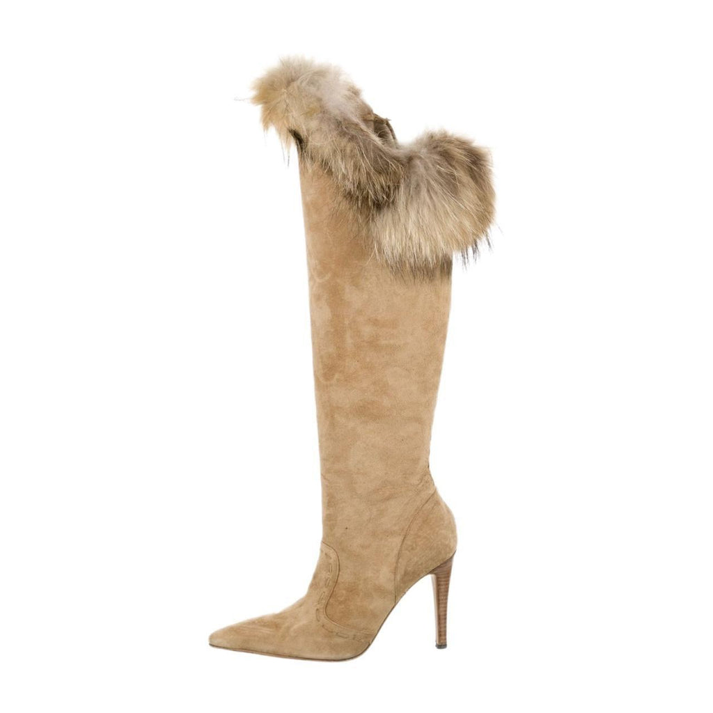 Manolo Blahnik Suede Fur Stiletto Knee High Boots