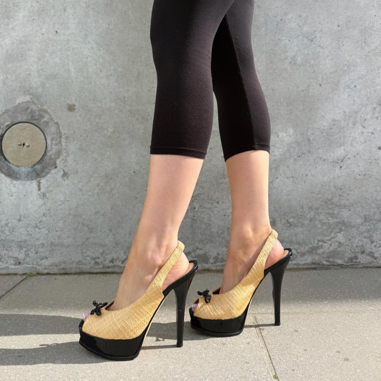 Fendi Raffia Peep Toe Slingback Platform Heels