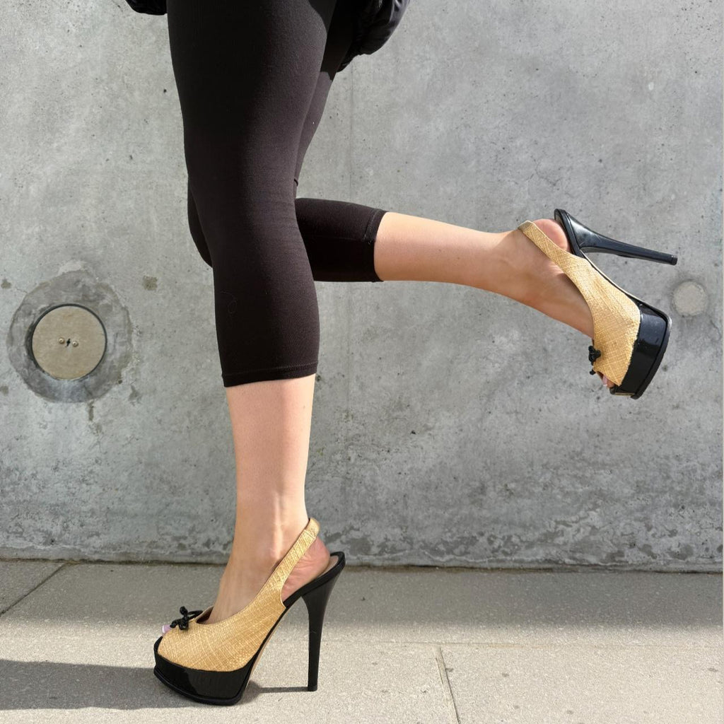 Fendi Raffia Peep Toe Slingback Platform Heels