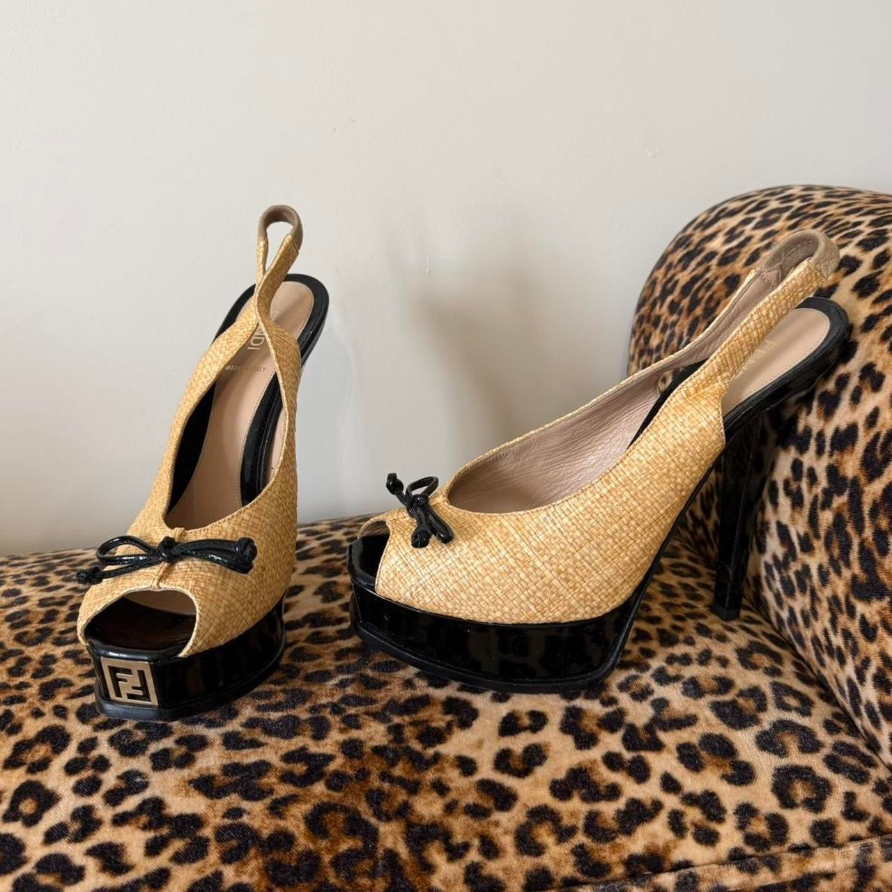 Fendi Raffia Peep Toe Slingback Platform Heels